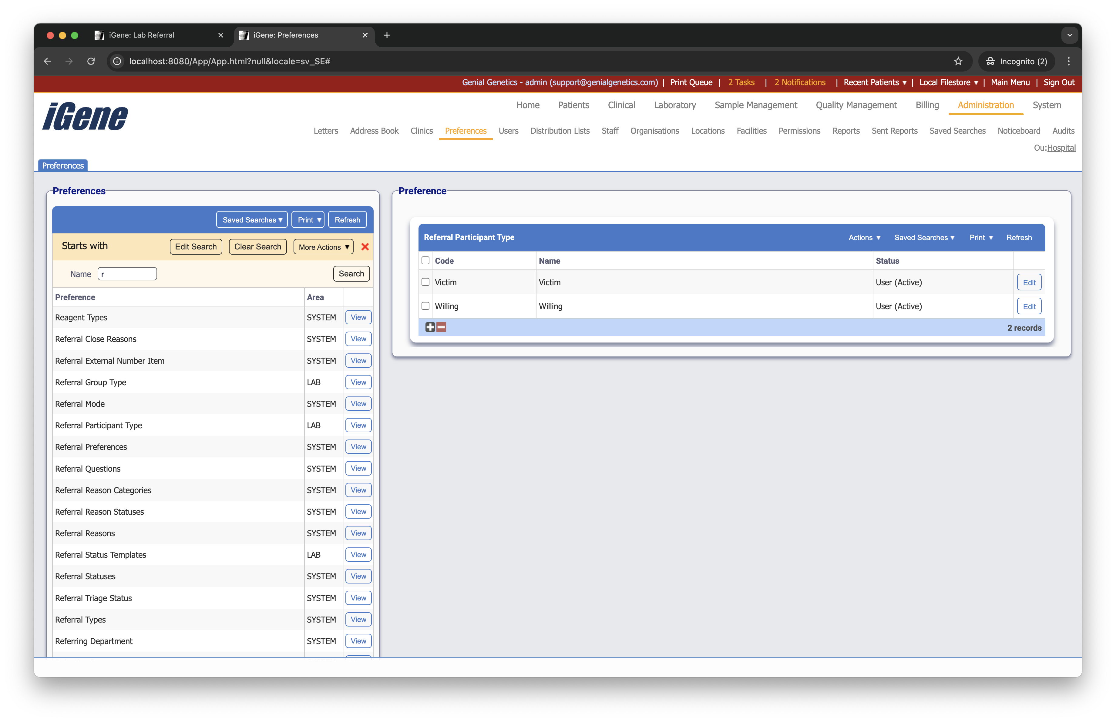 Referral Participant Types list