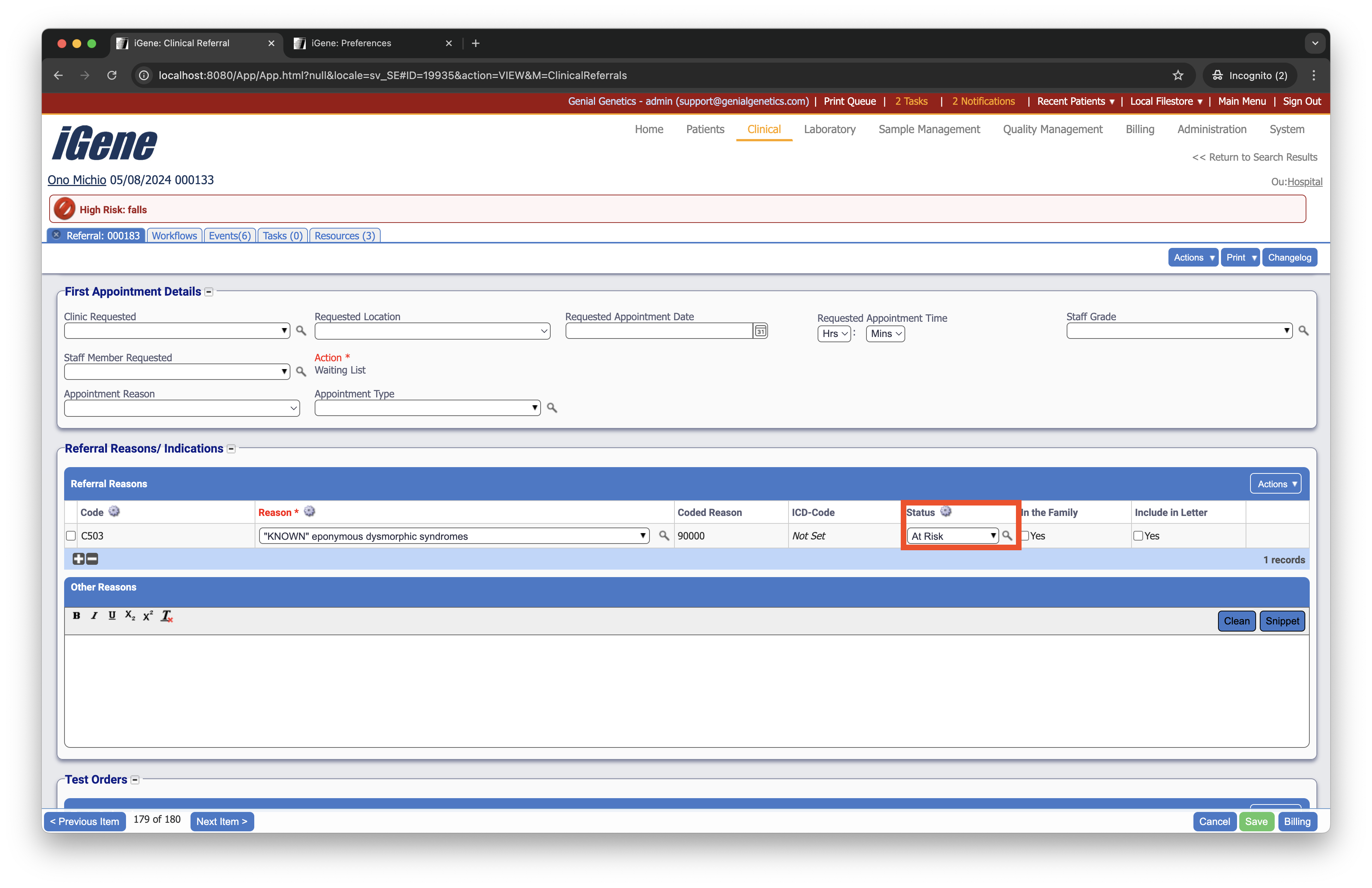 Referral Reason Statuses