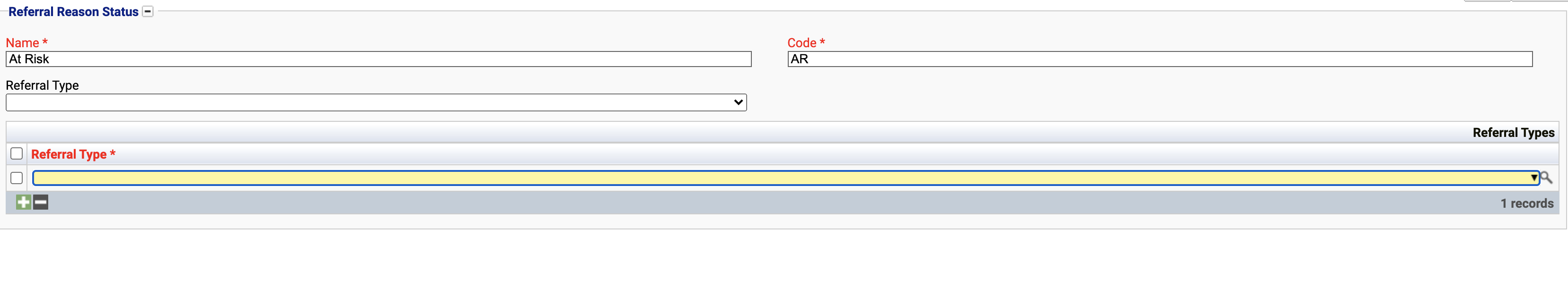 View of the referral reason status configuration window