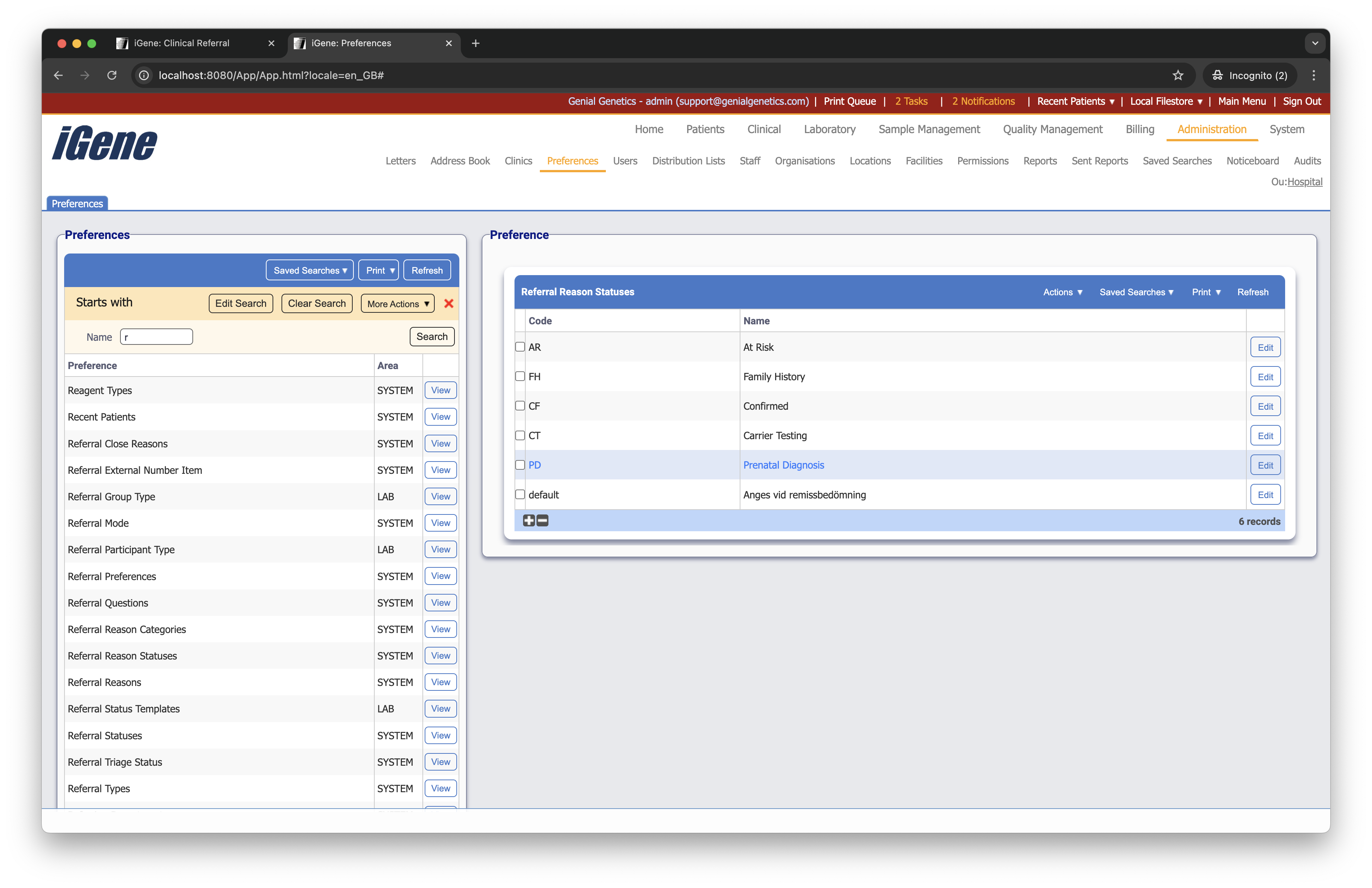 Referral Reason Statuses list