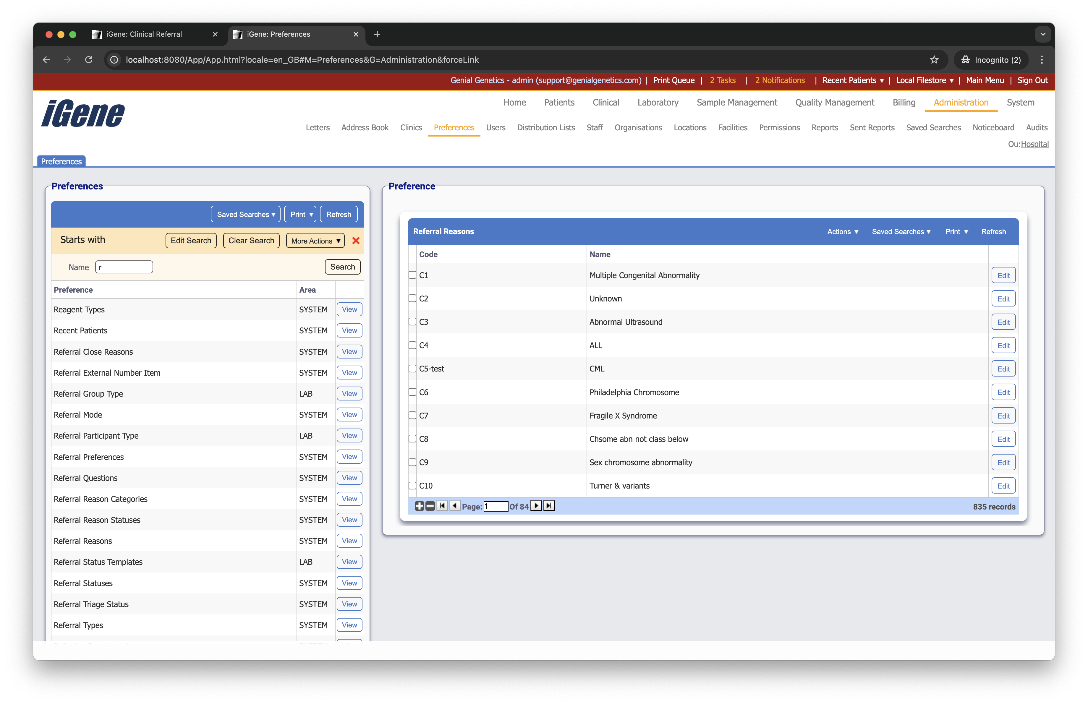 Referral Reasons list