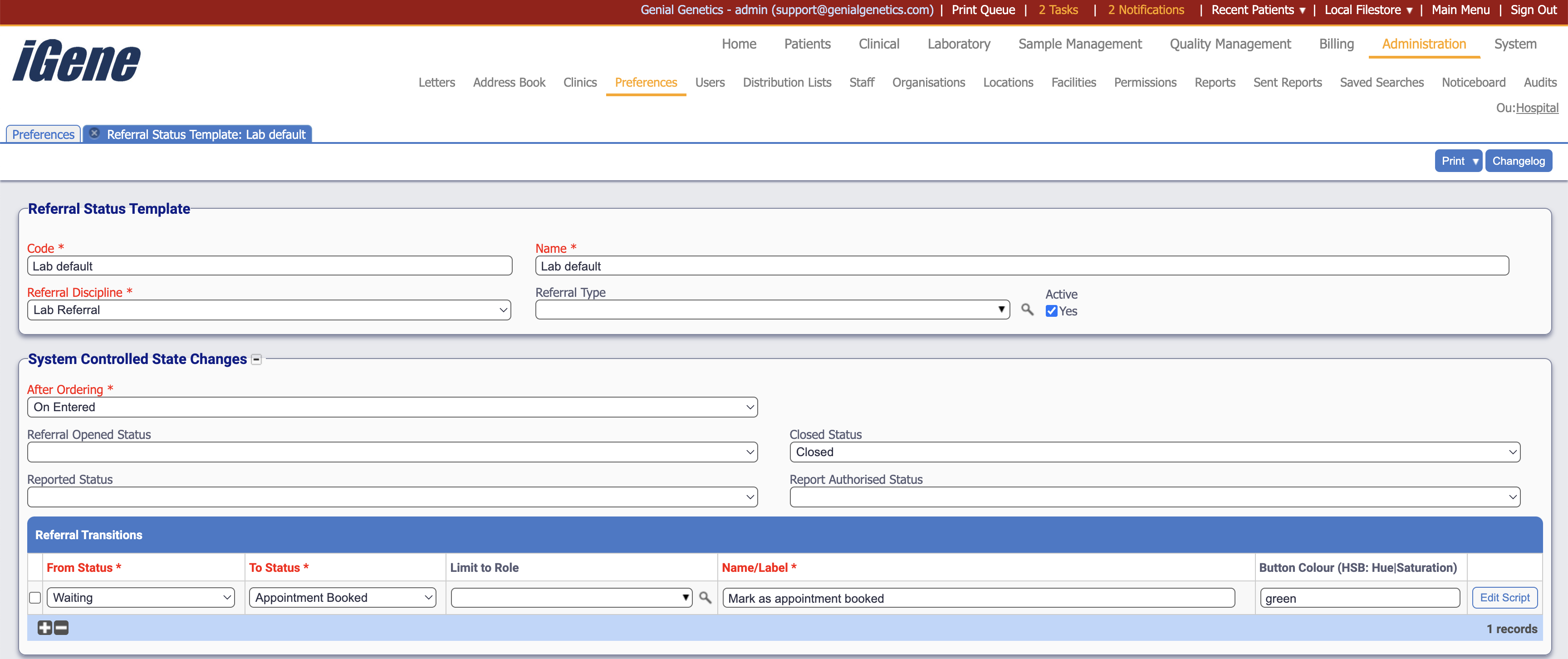 Edit Referral Status Template