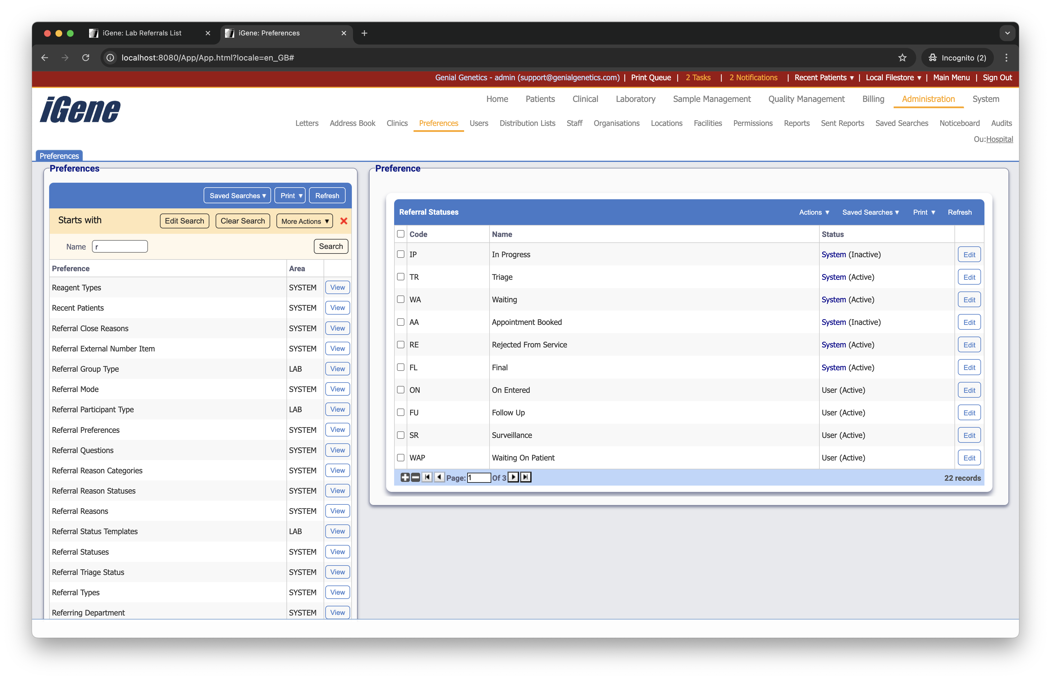 Referral Statuses list
