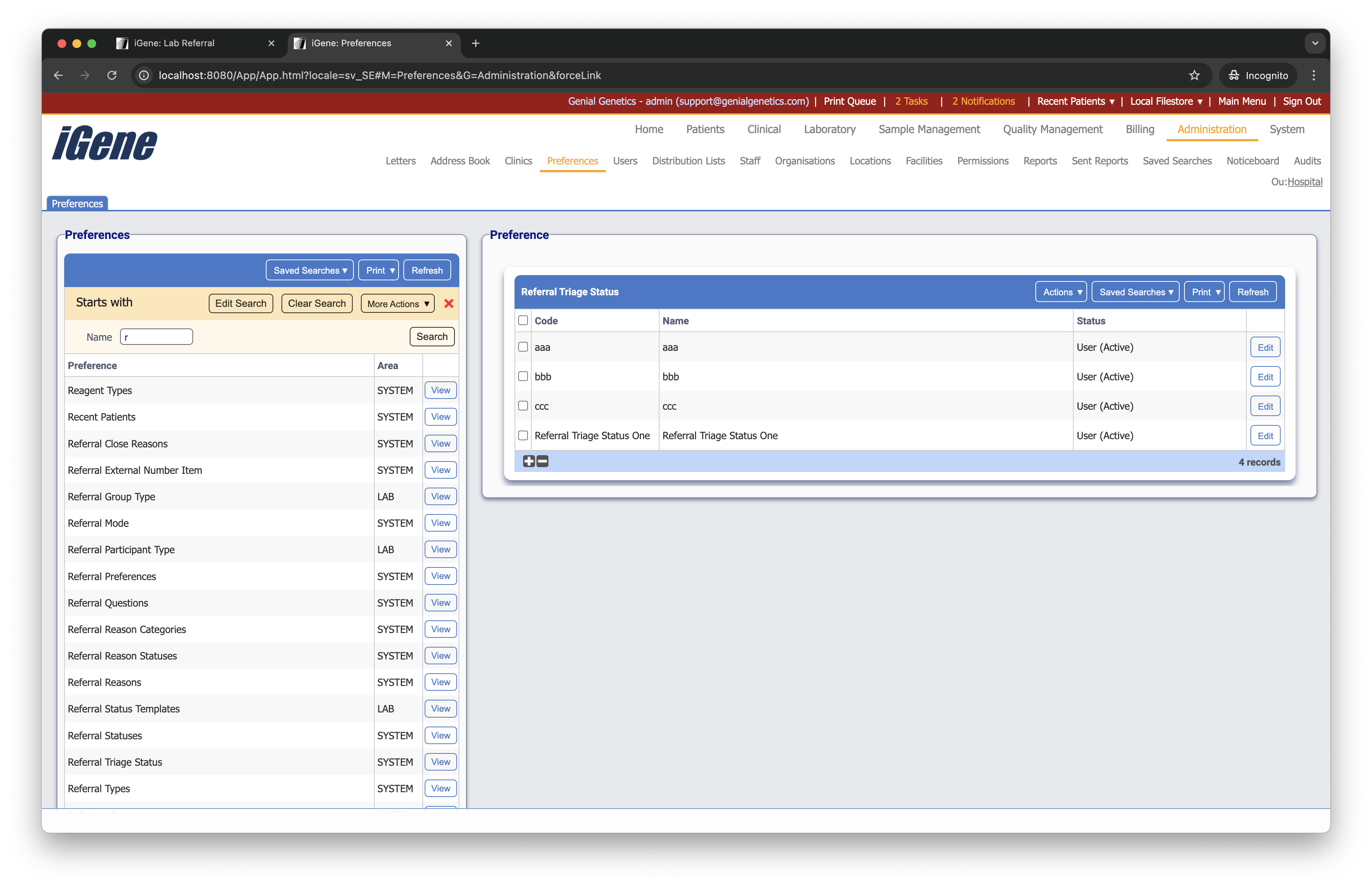 Referral Triage Statuses list