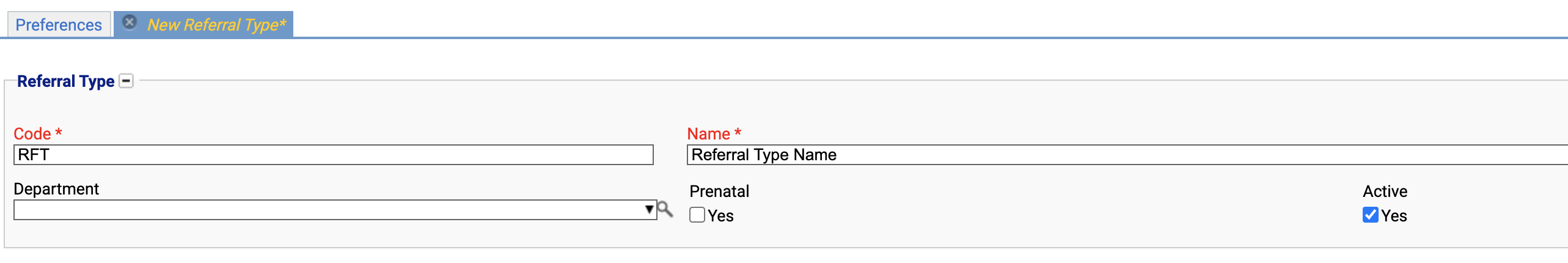 The referral type configuration screen.