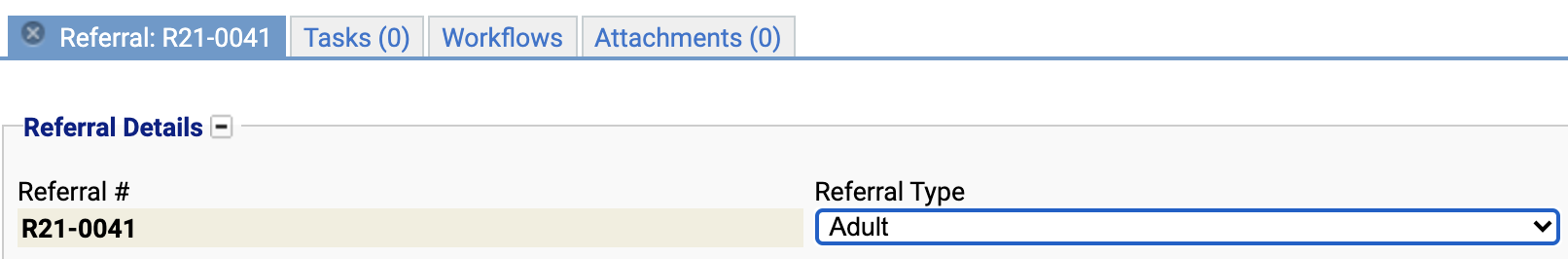 View of referral type dropdown.