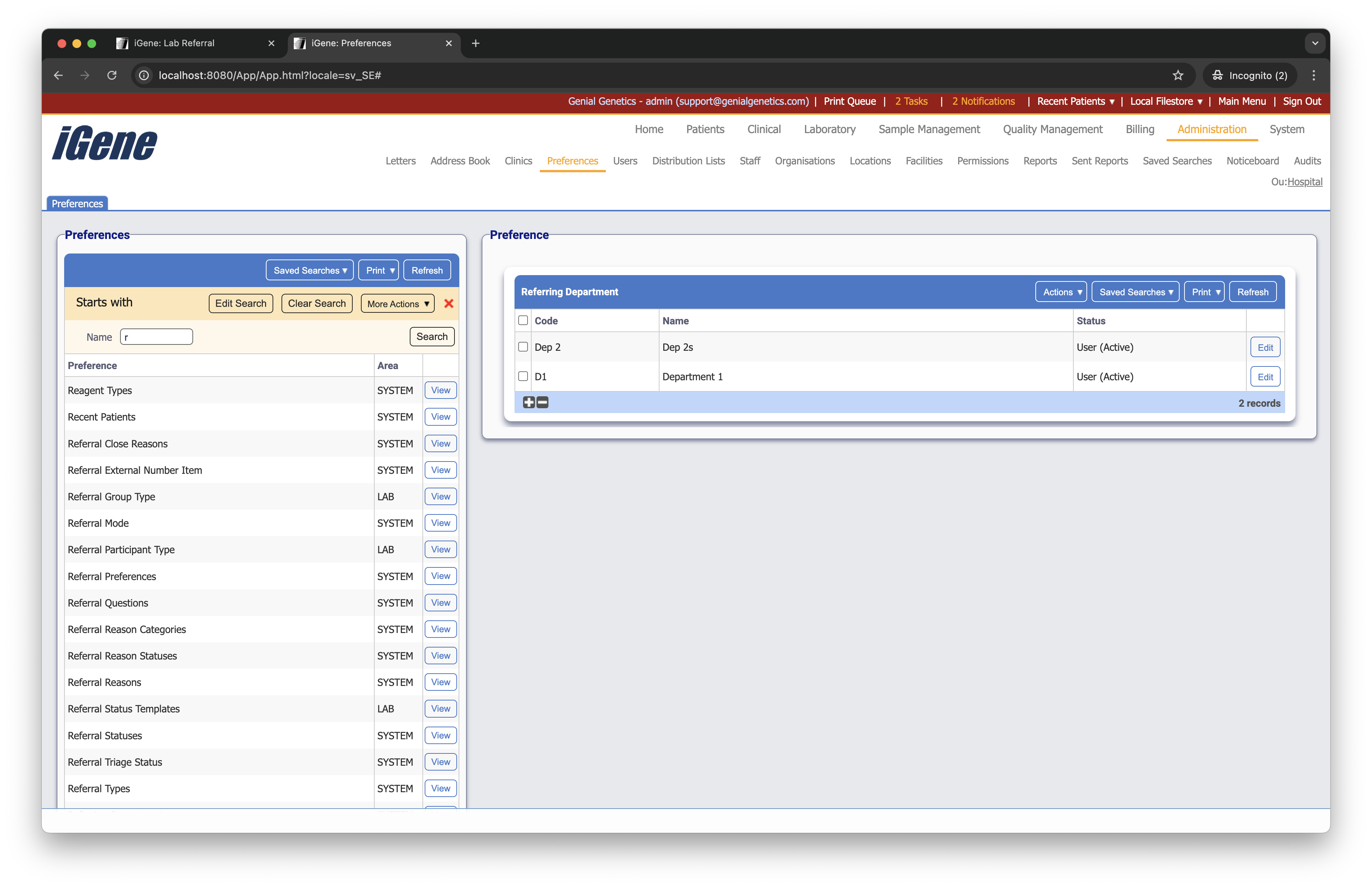 Referring Department list