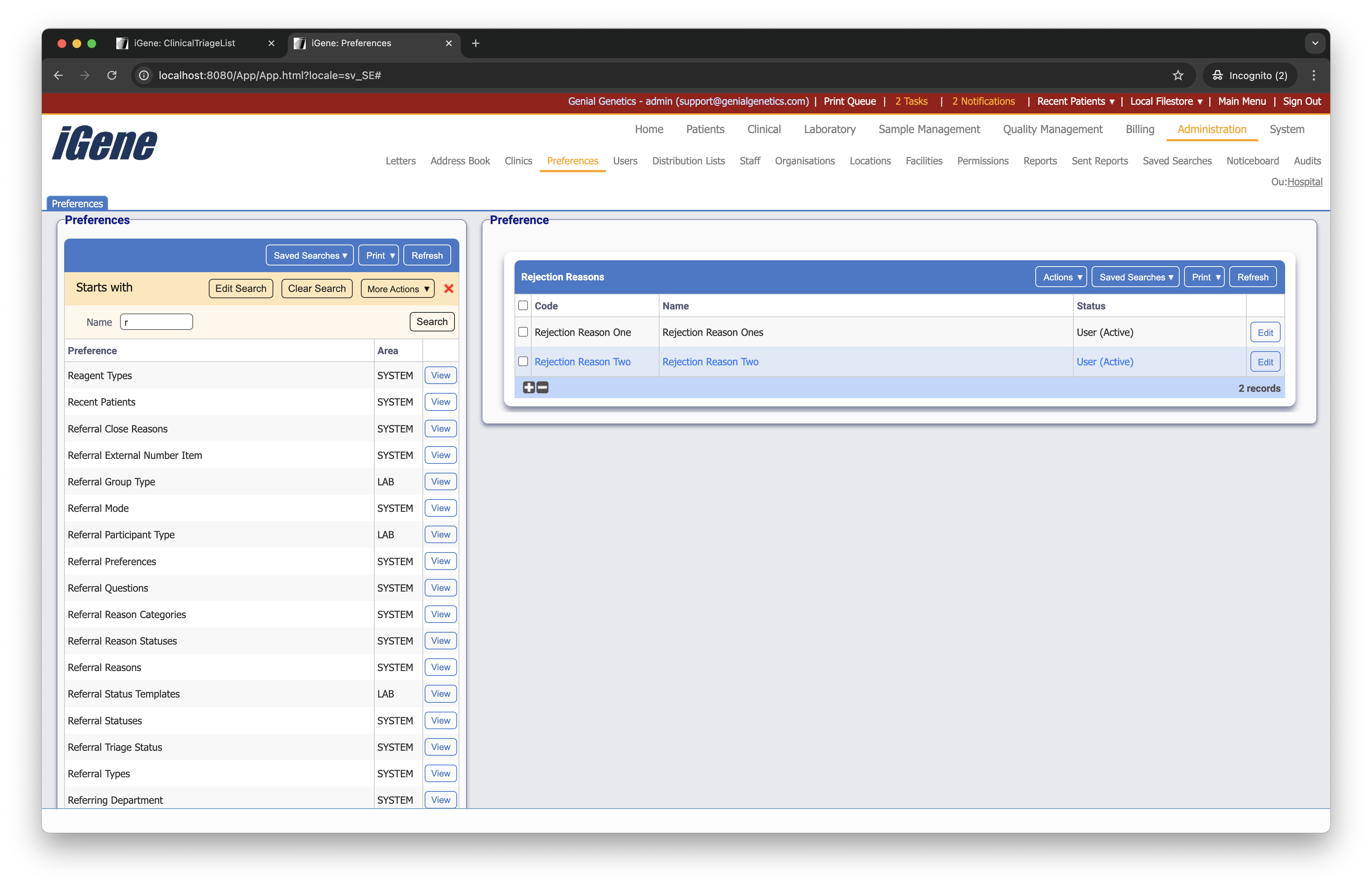 Rejection Reasons list