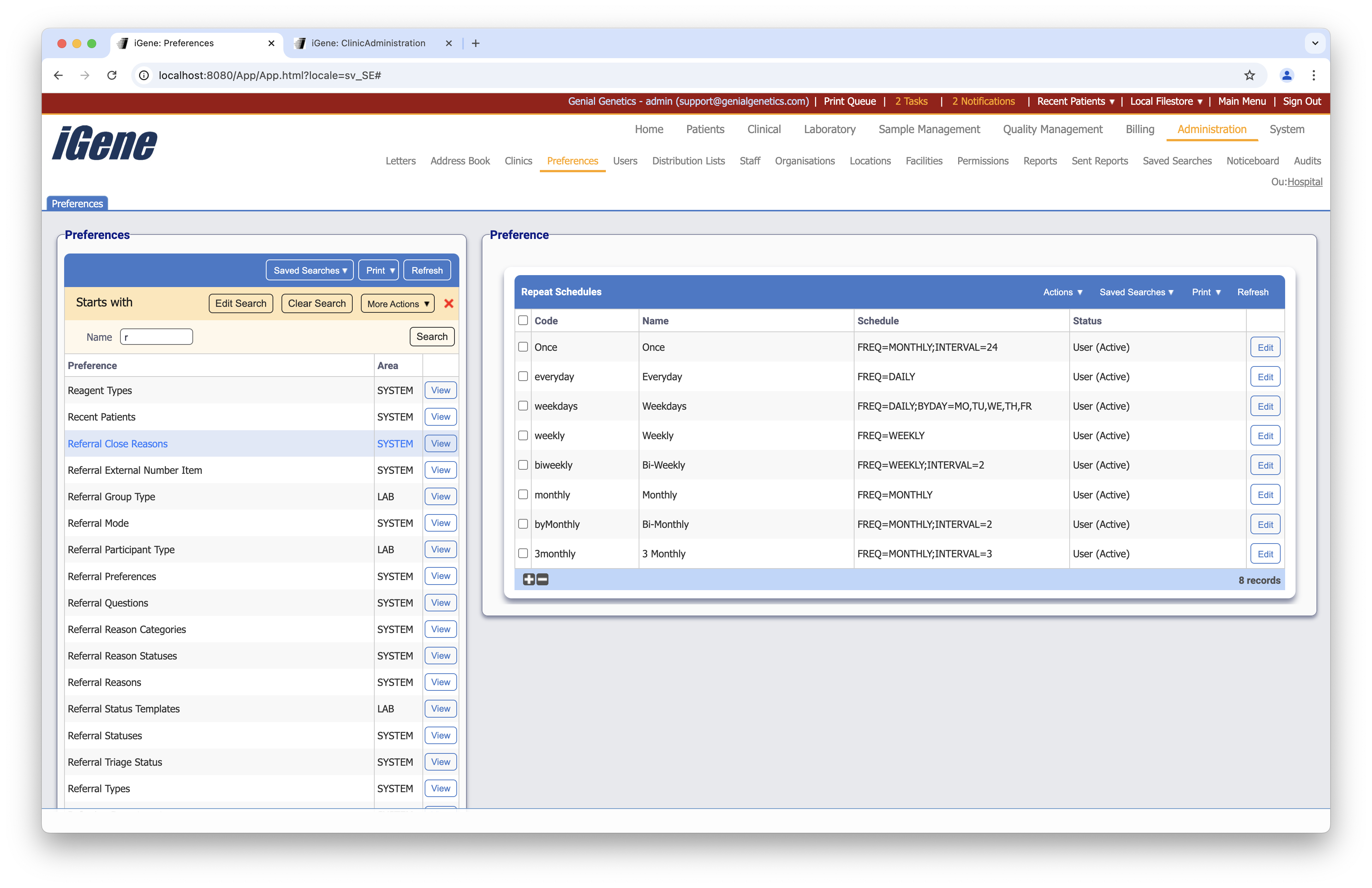 Repeat Schedules list