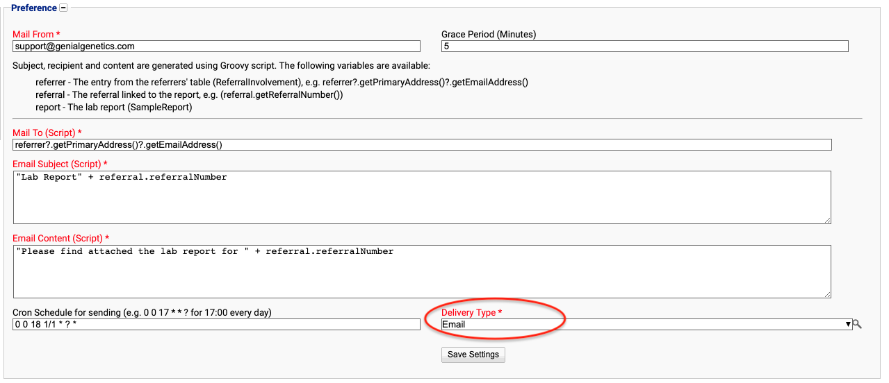 Delivery type being selected in Report Email Preferences