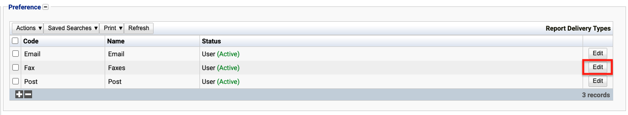 View of delivery type preference table and edit button