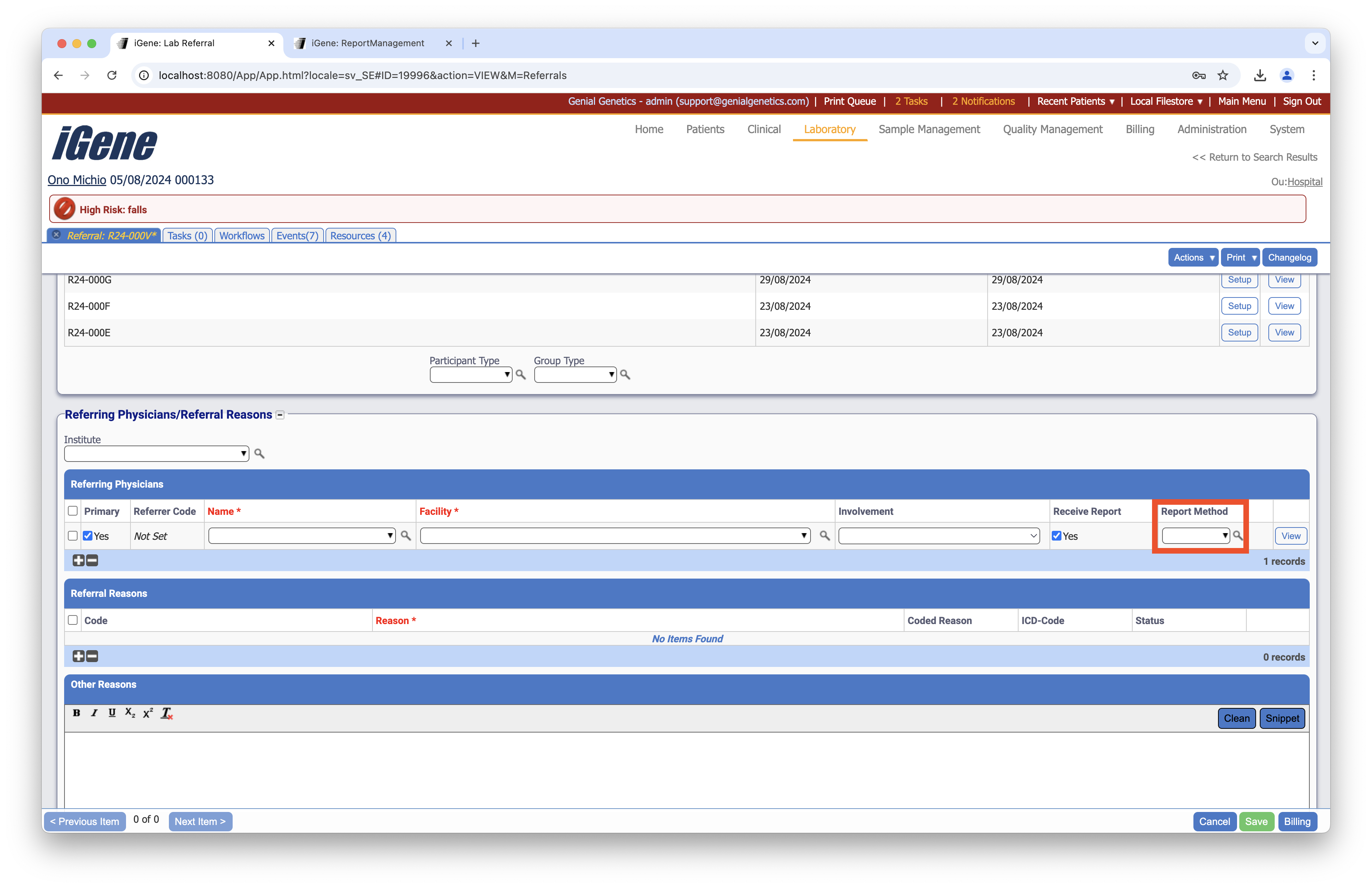 View of delivery type in a referral