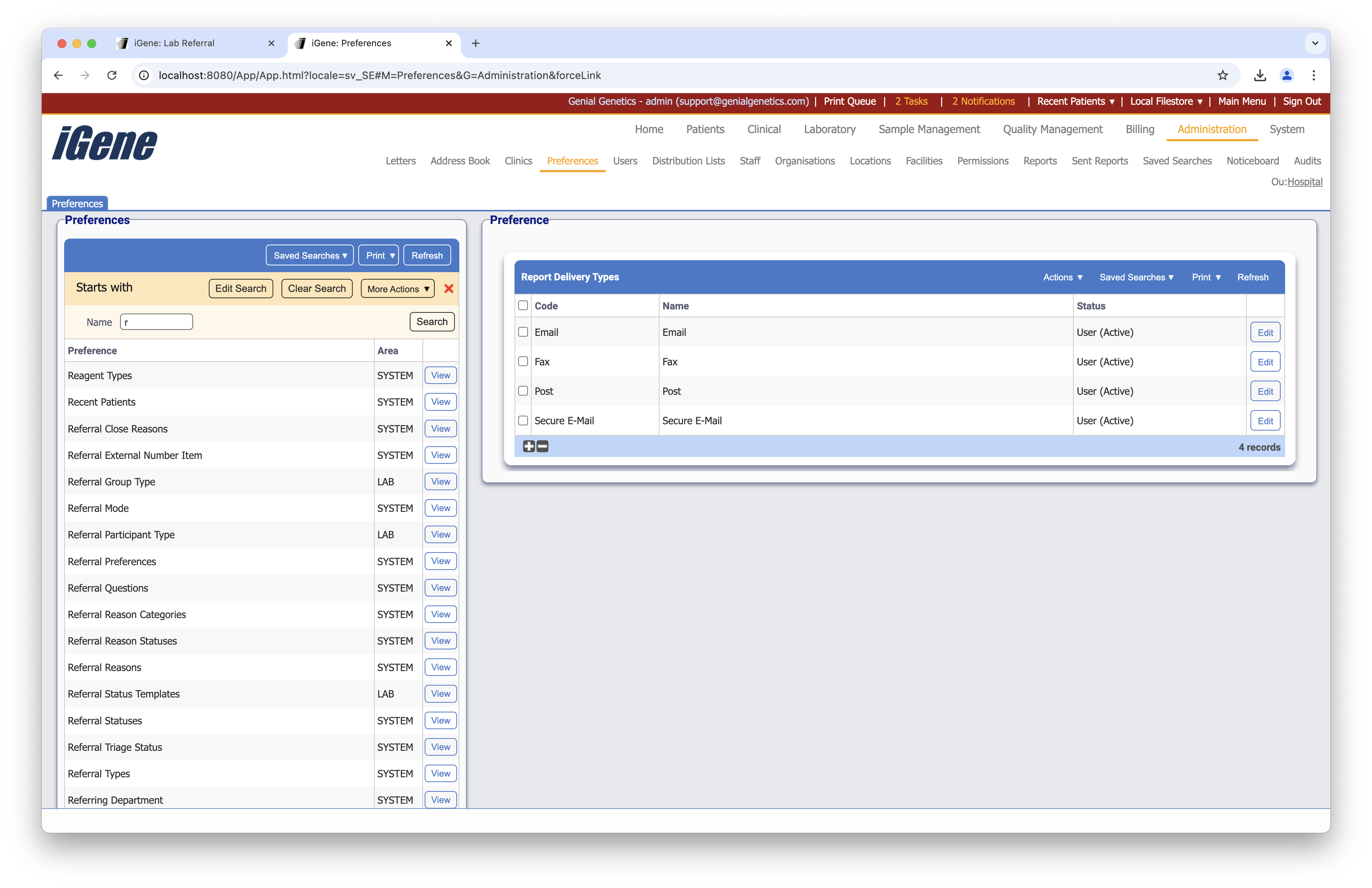 View of a report delivery preference form