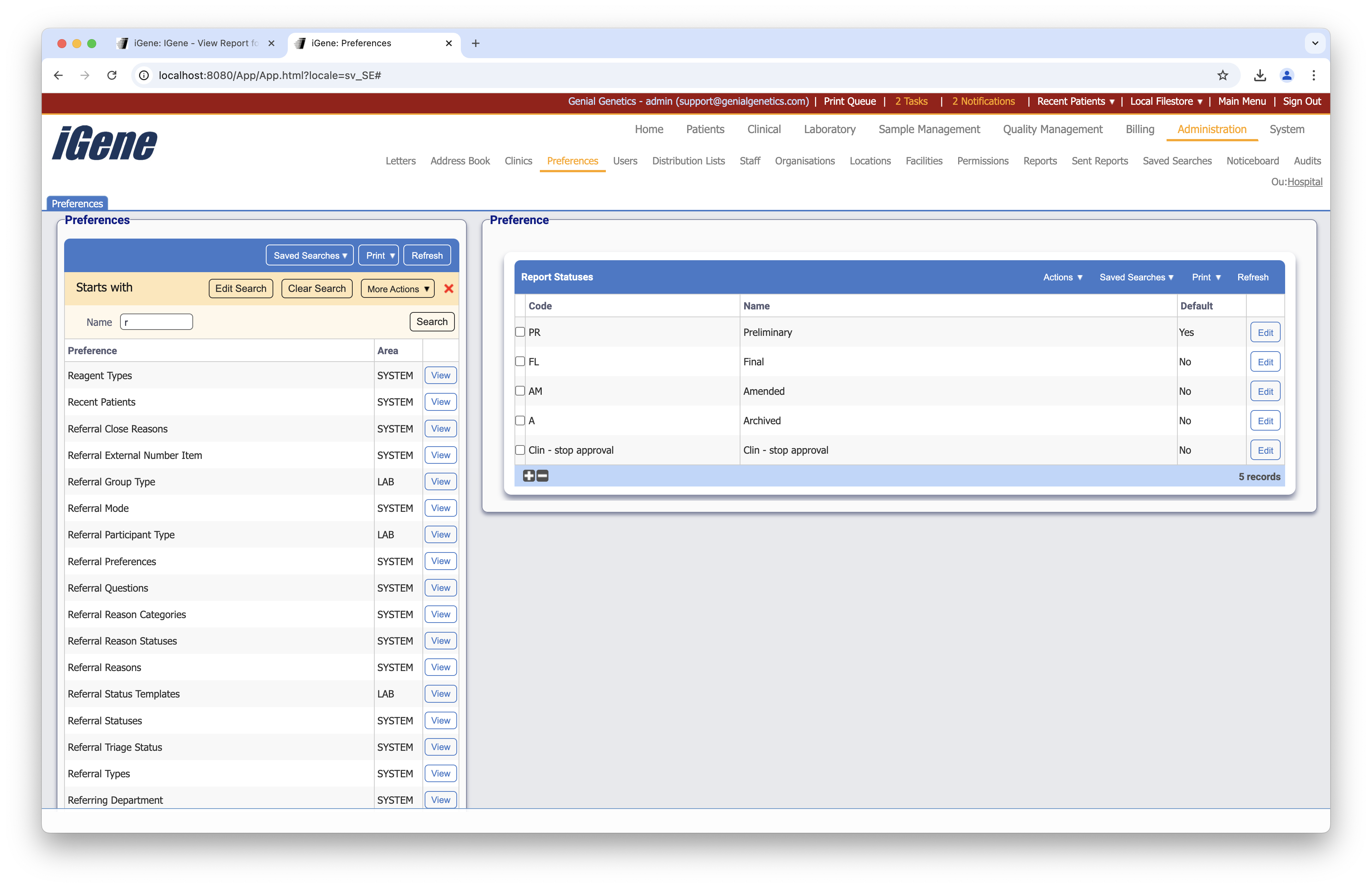 Report Statuses list