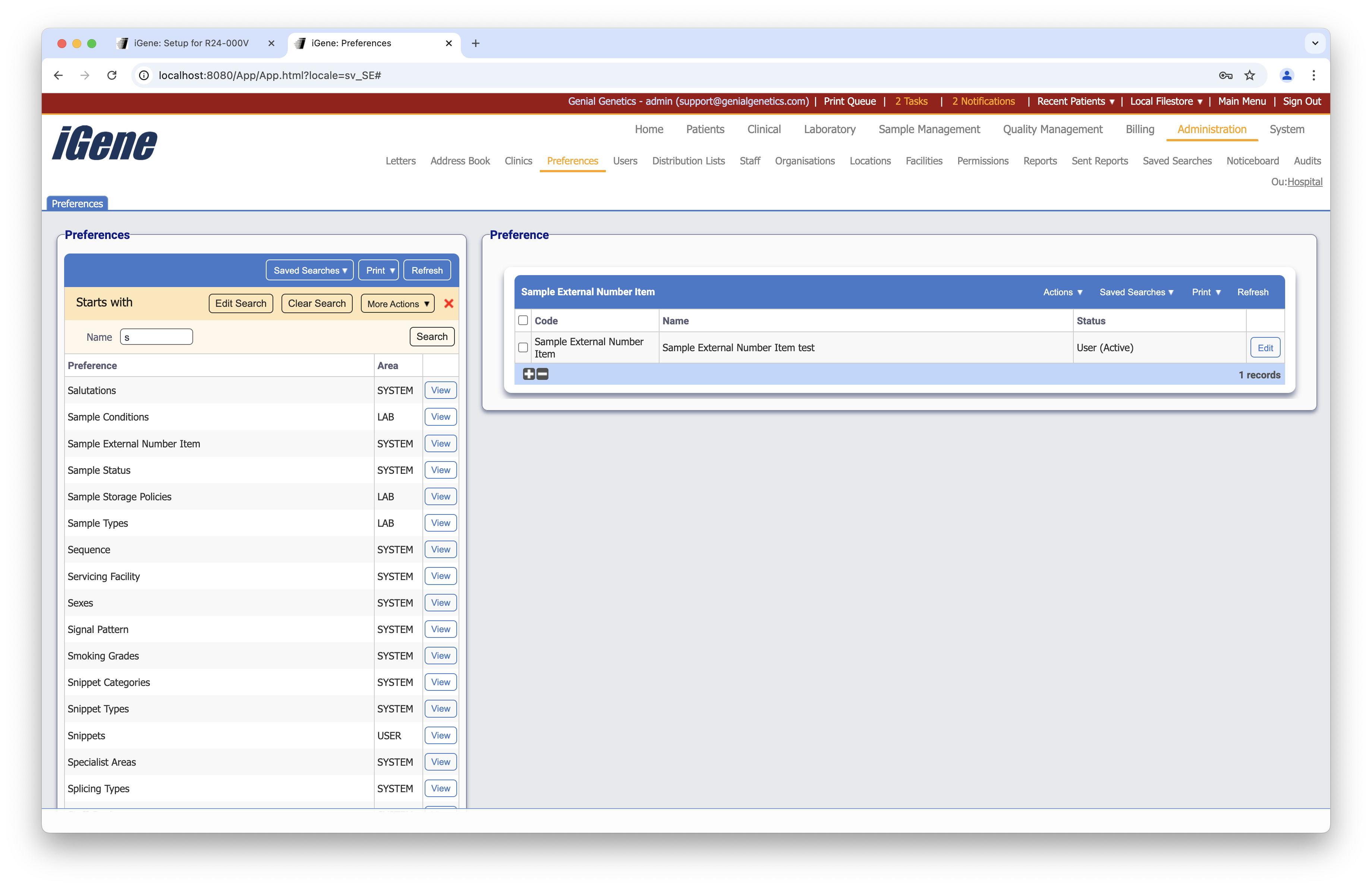 Sample External Number Items list