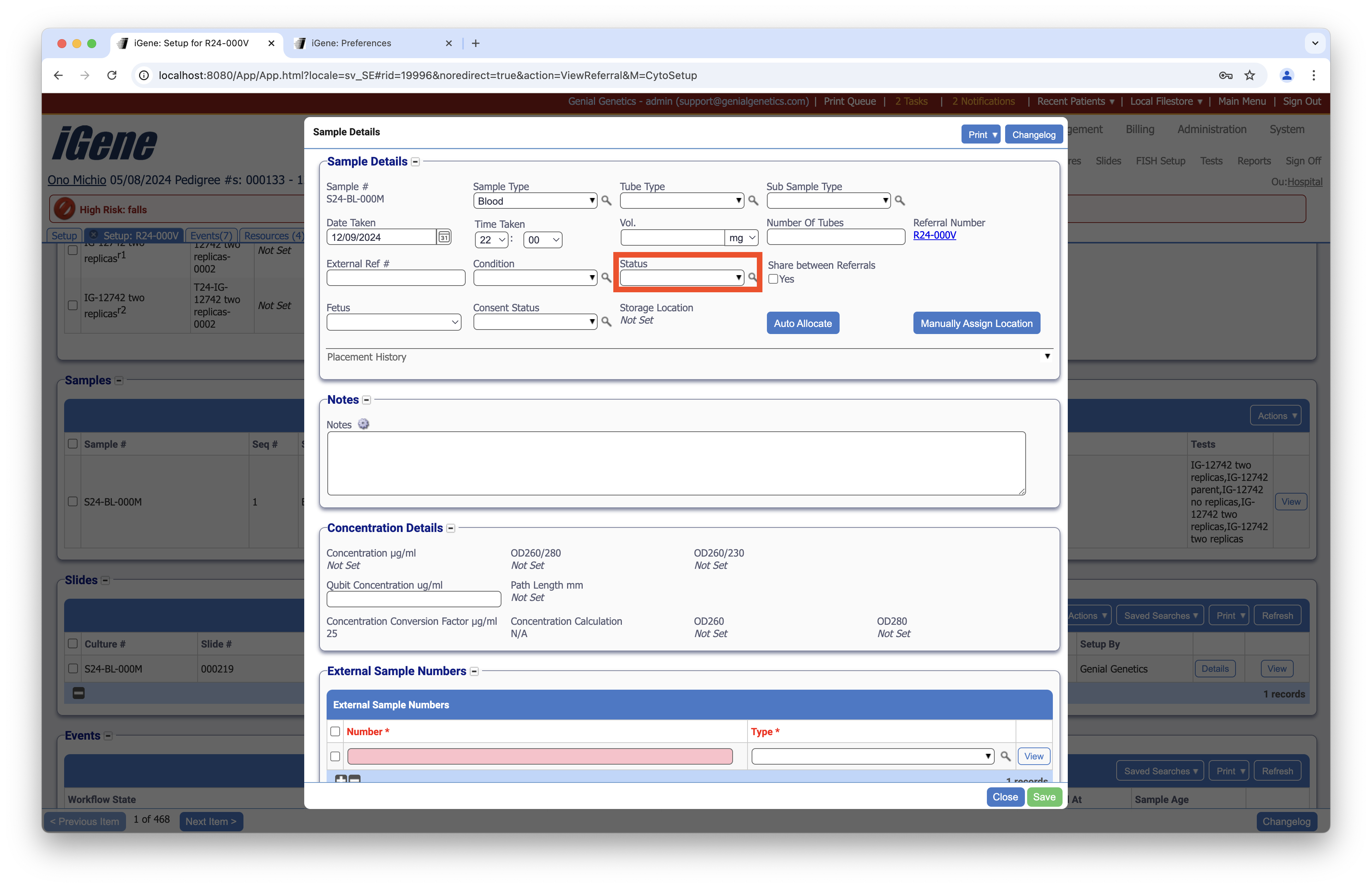 Sample status in popup