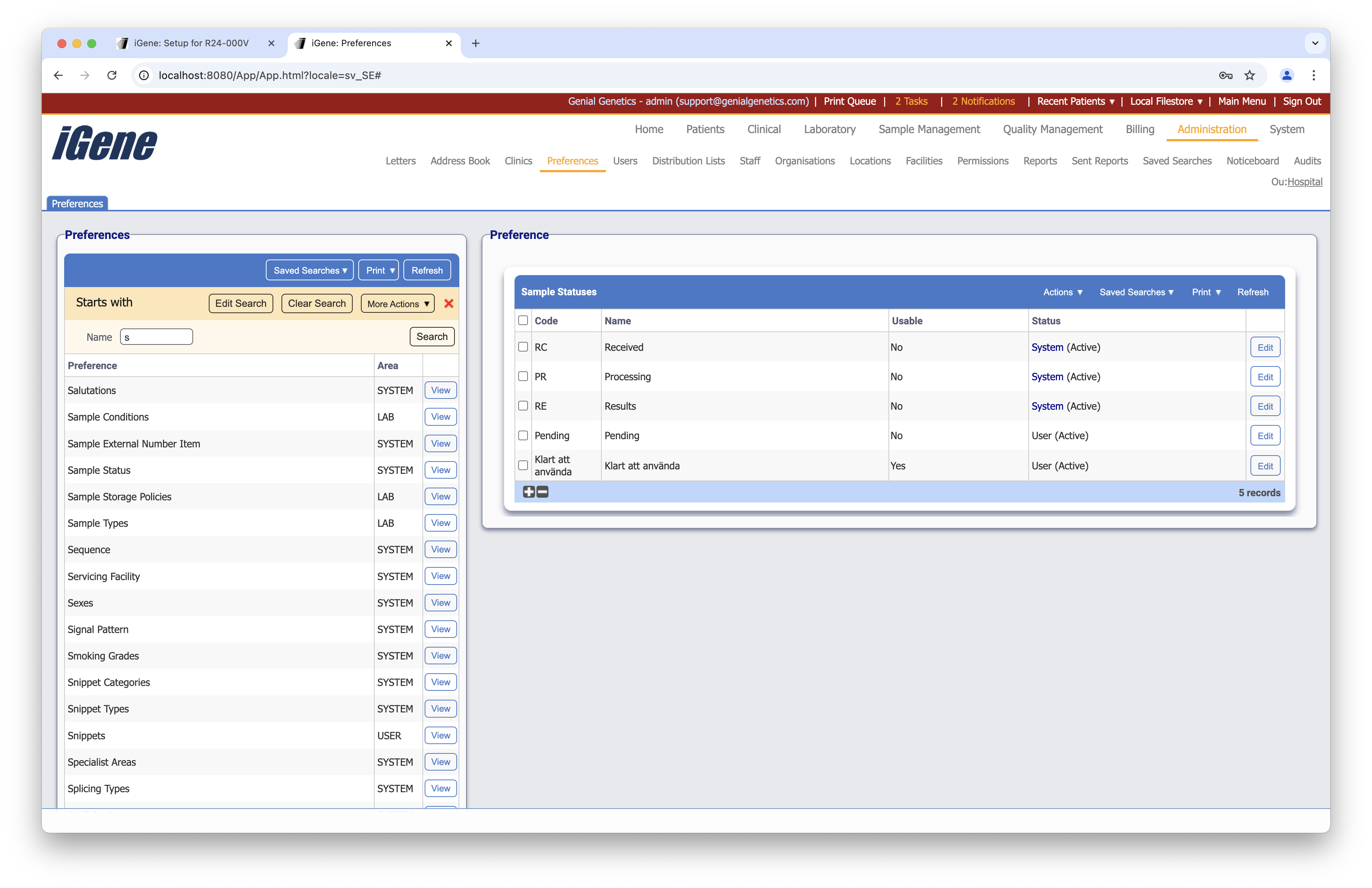 Status for output samples field found in test preference