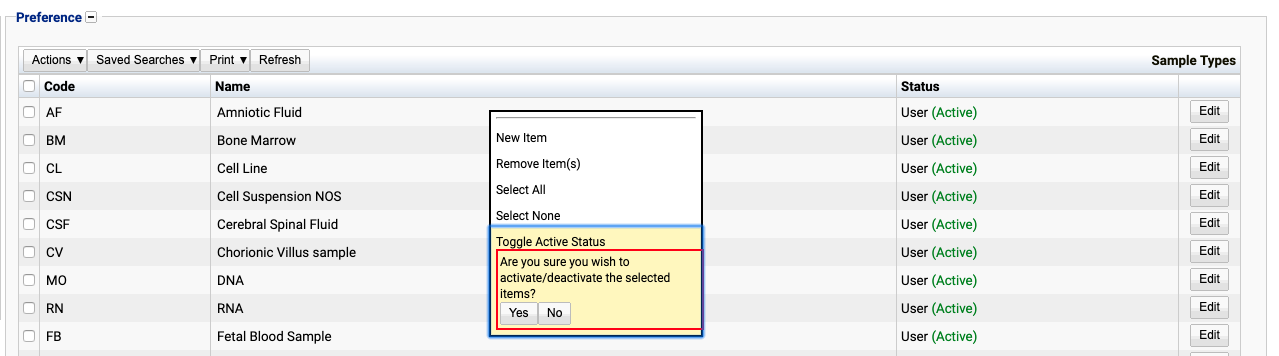 Toggling status of Sample Type