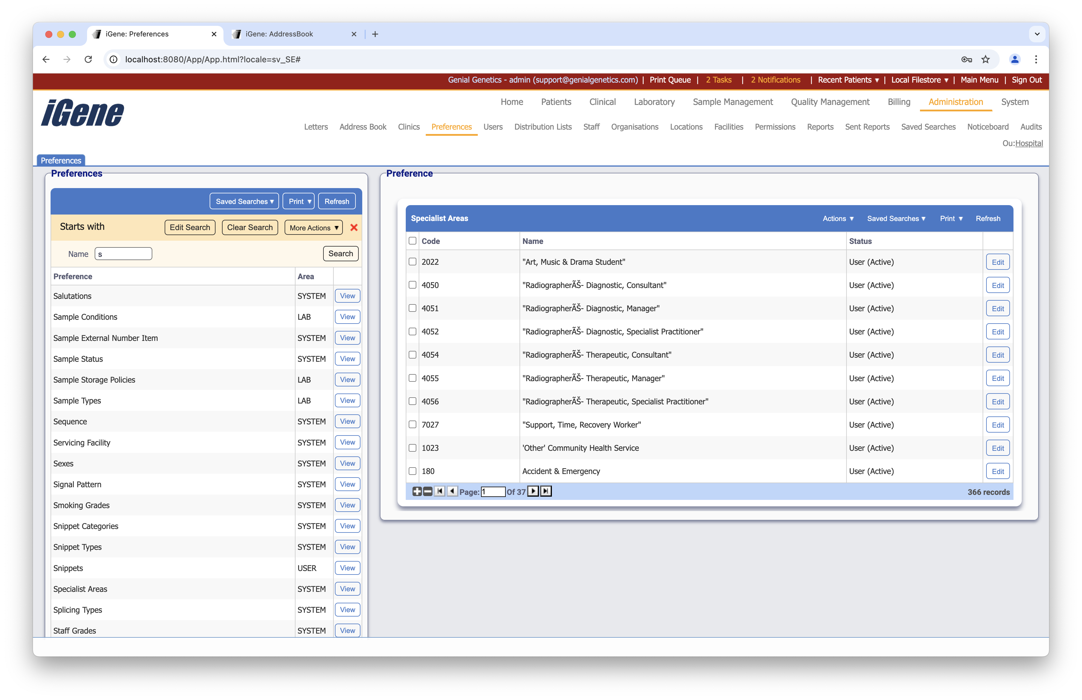 Specialist Areas list
