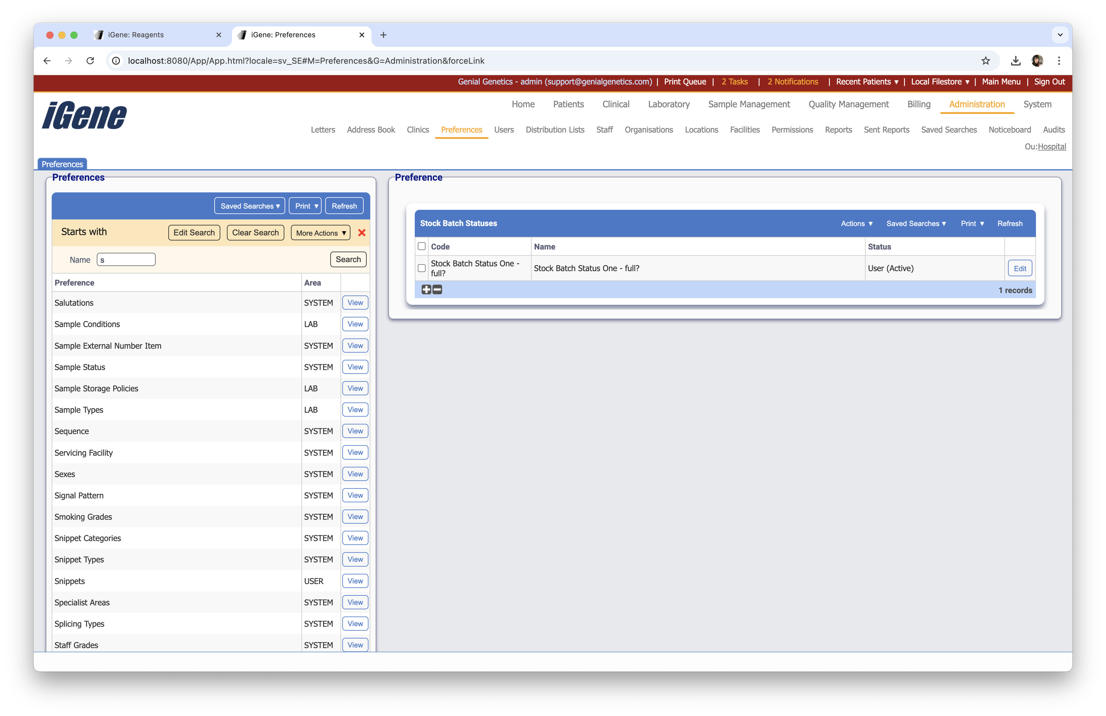 Stock Batch Statuses list