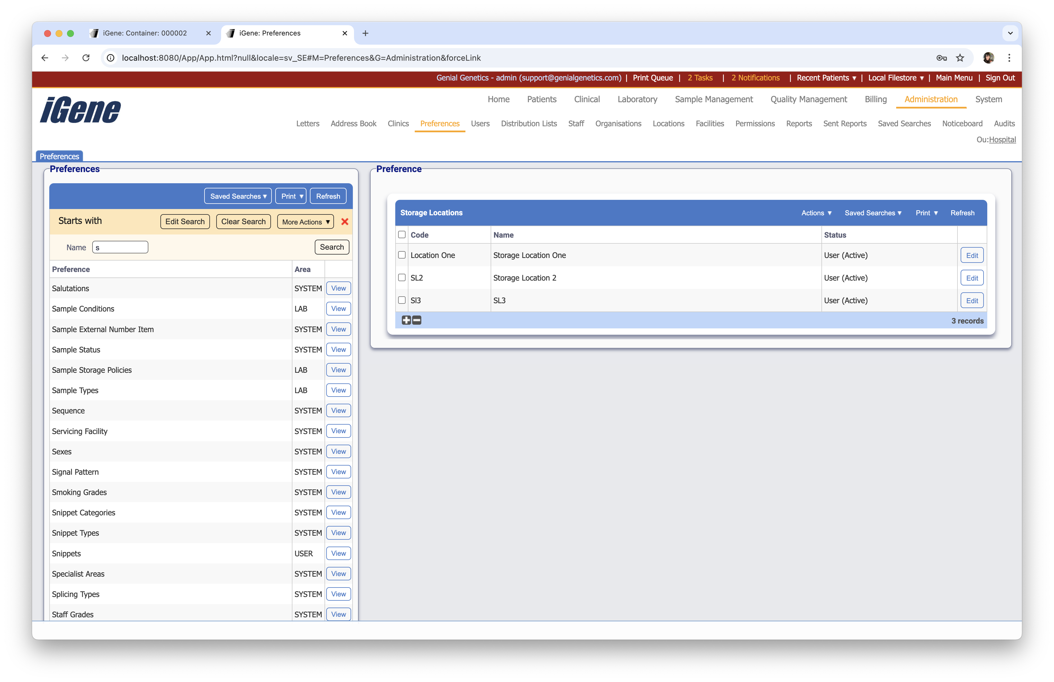 Storage Locations list
