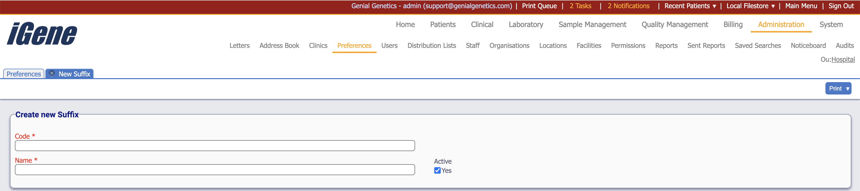 View of the suffixes preference details page.