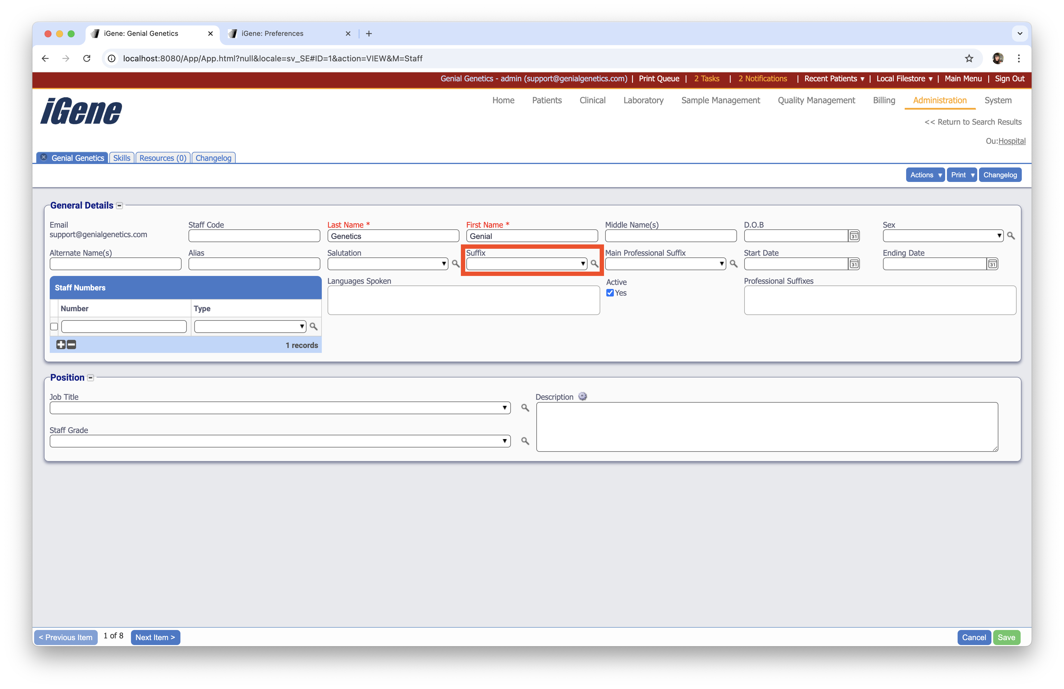 The suffix drop down in Staff details.