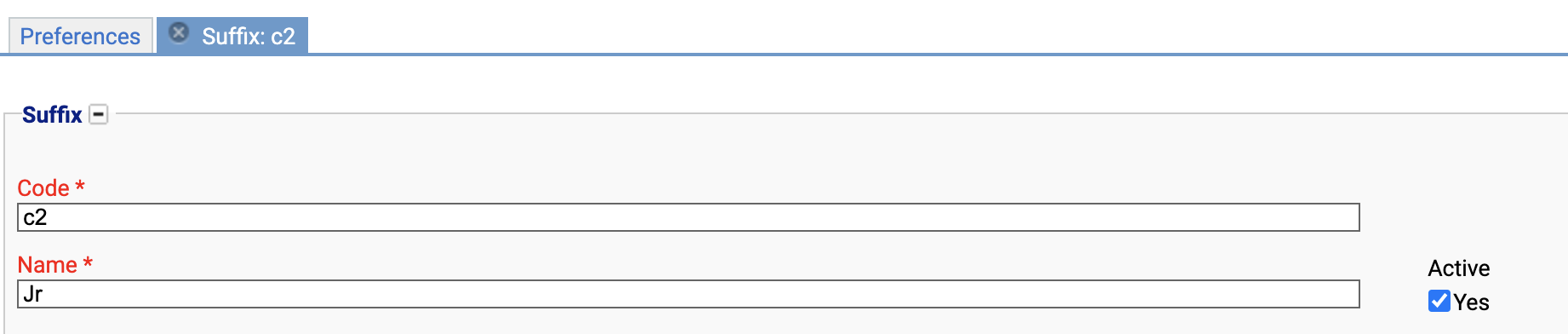 View of the suffixes preference details page.