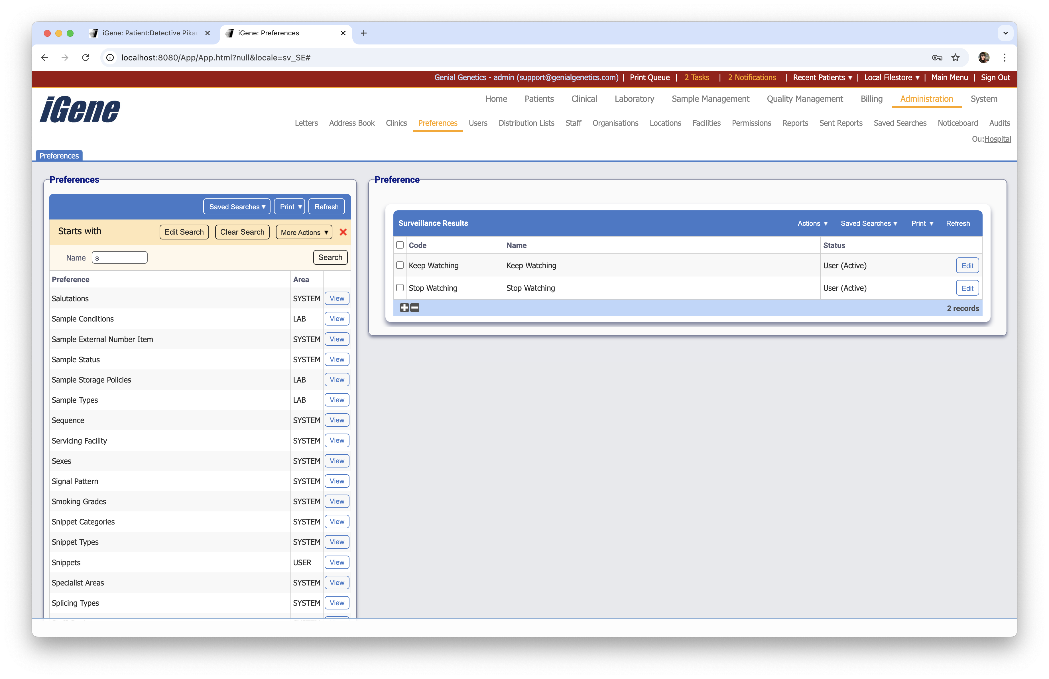 Surveillance Results list