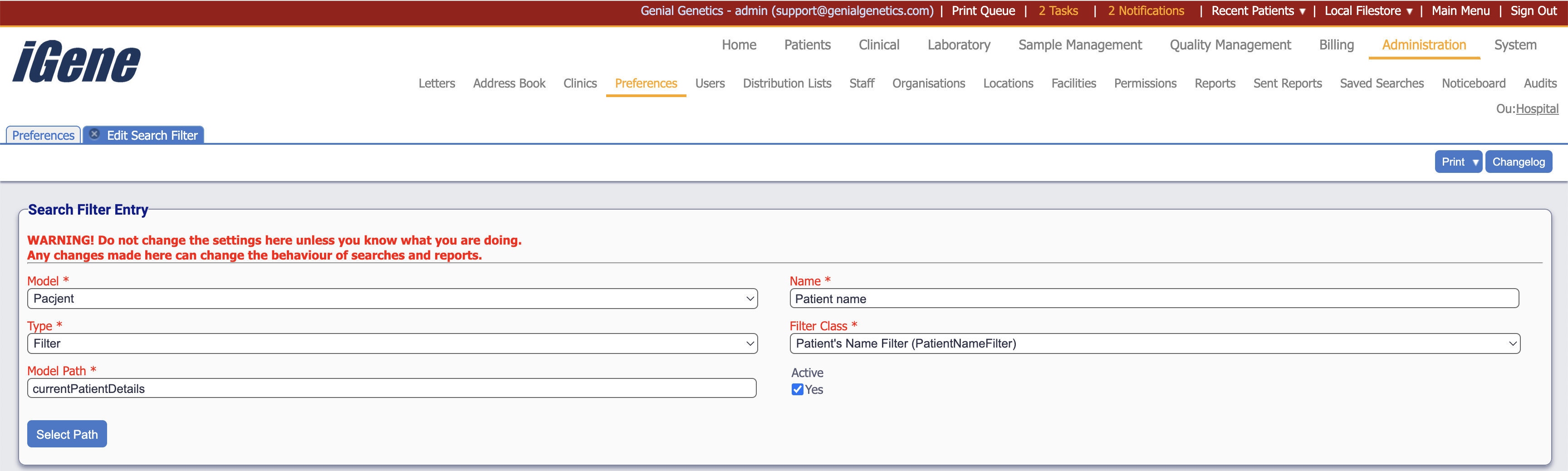 Edit System Search Filter