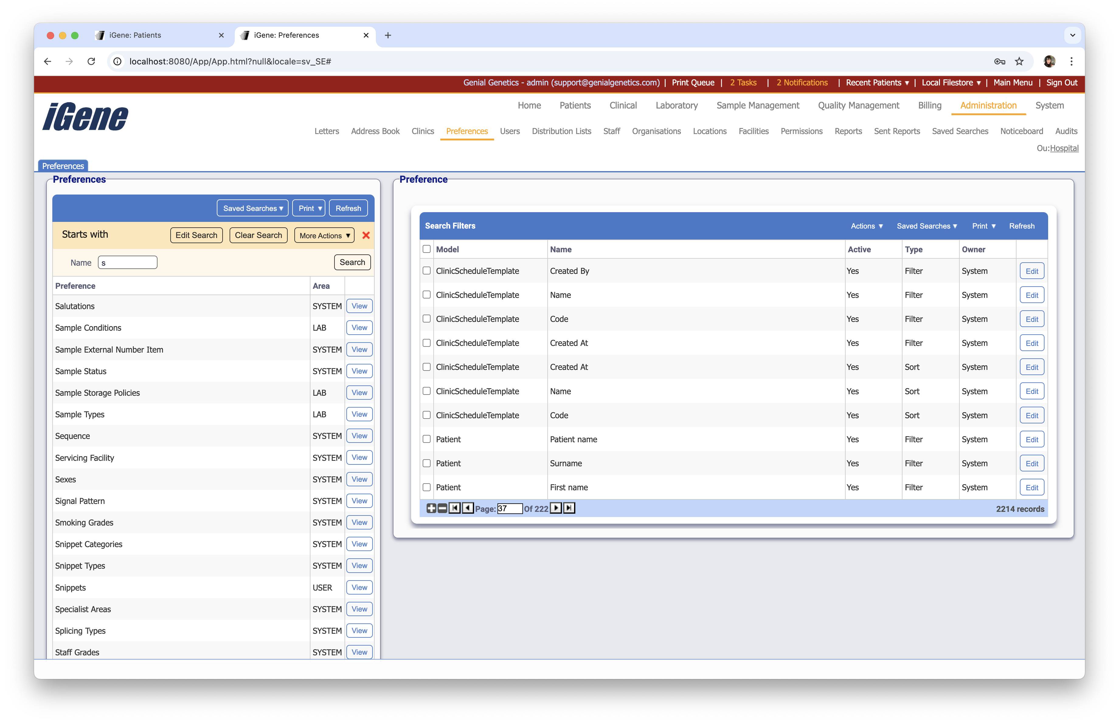 System Search Filters list