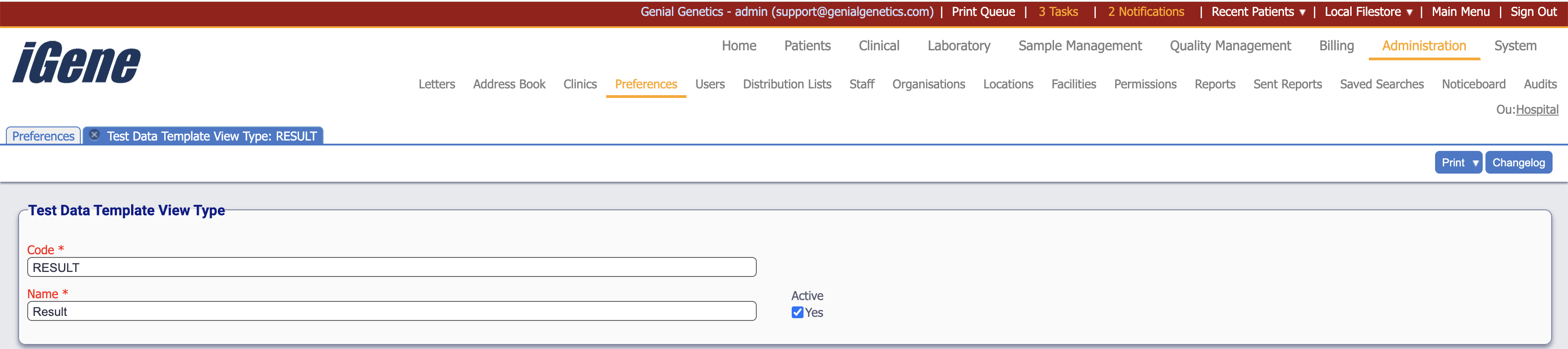 Edit Test Data Template View Type