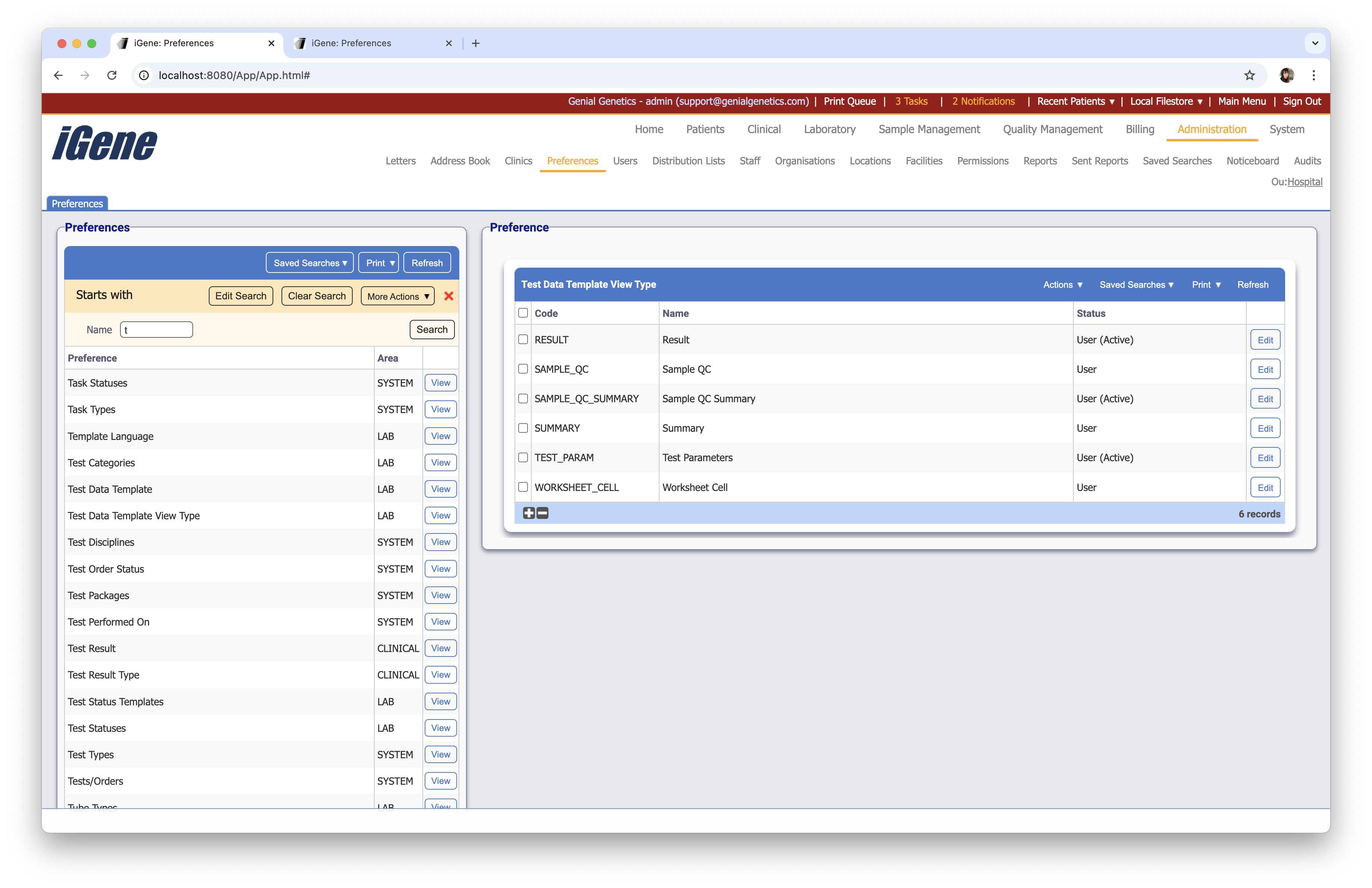 Test Data Template View Types list