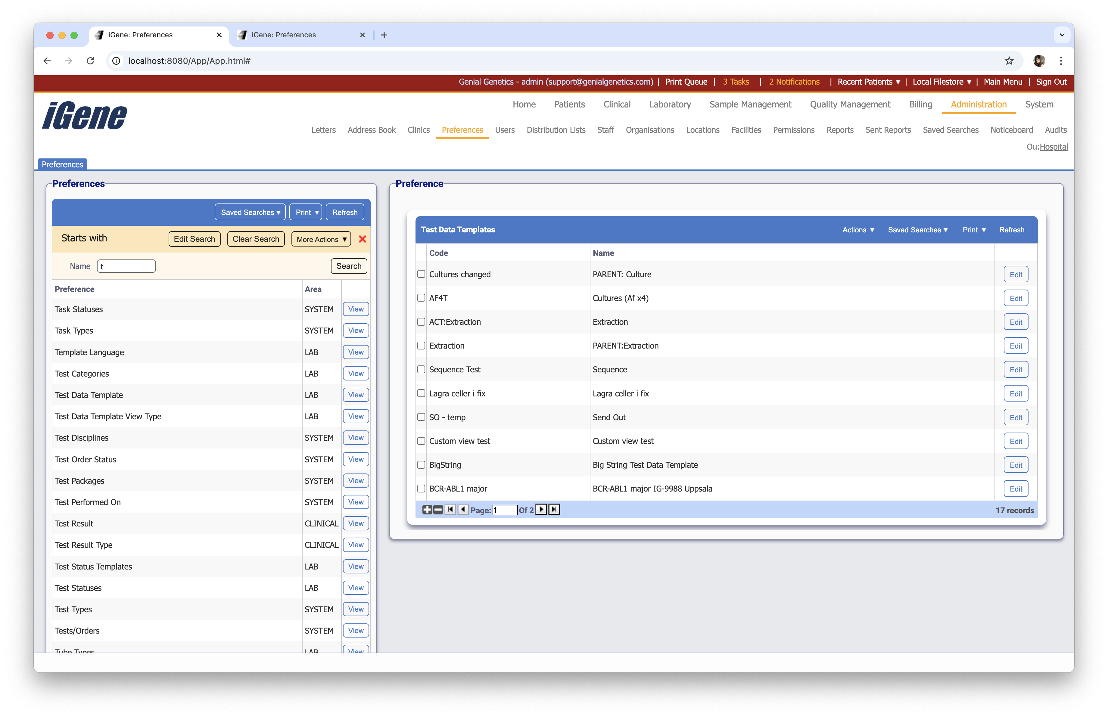 Test Data Templates list