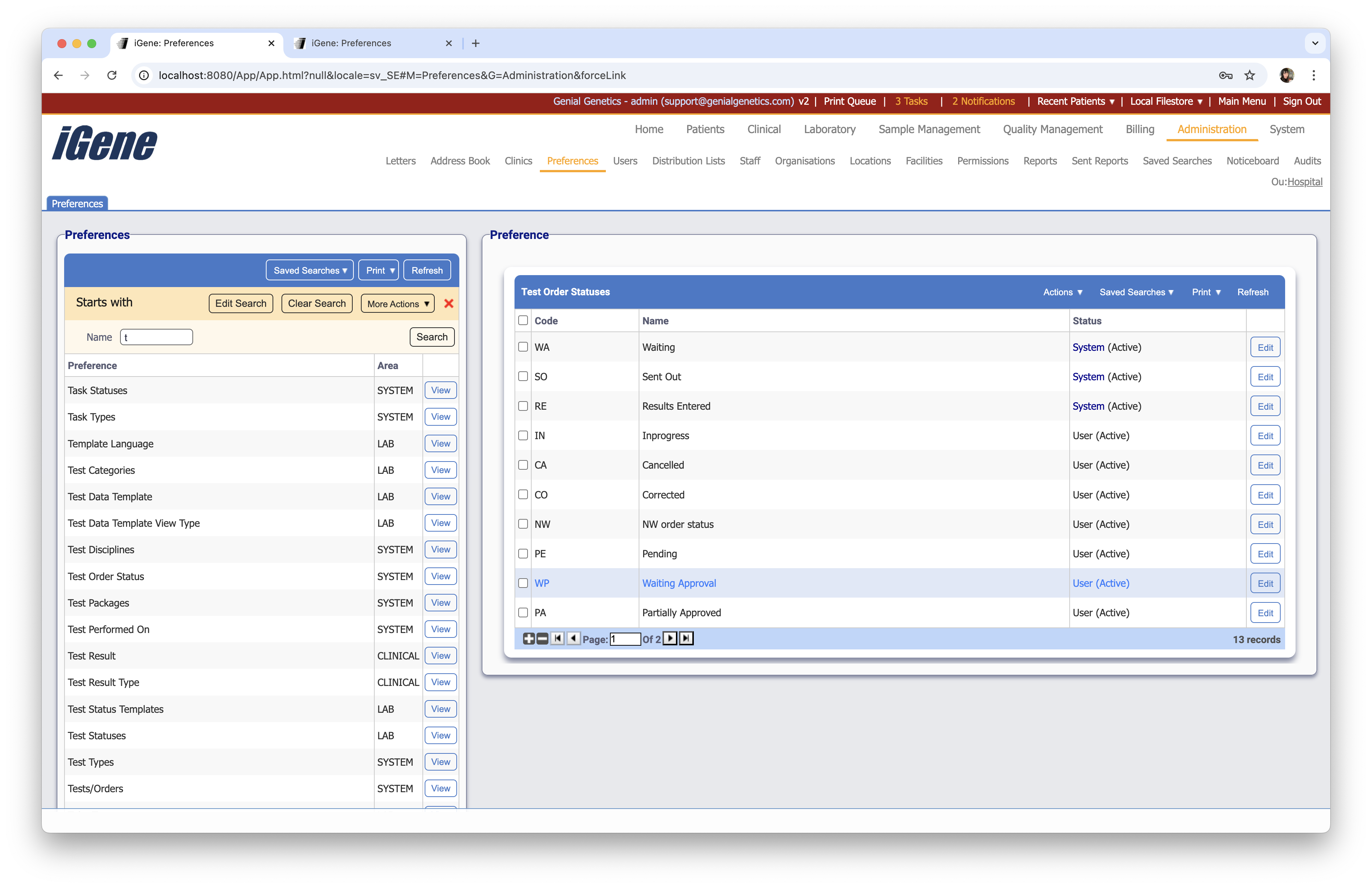 Test Order Statuses list