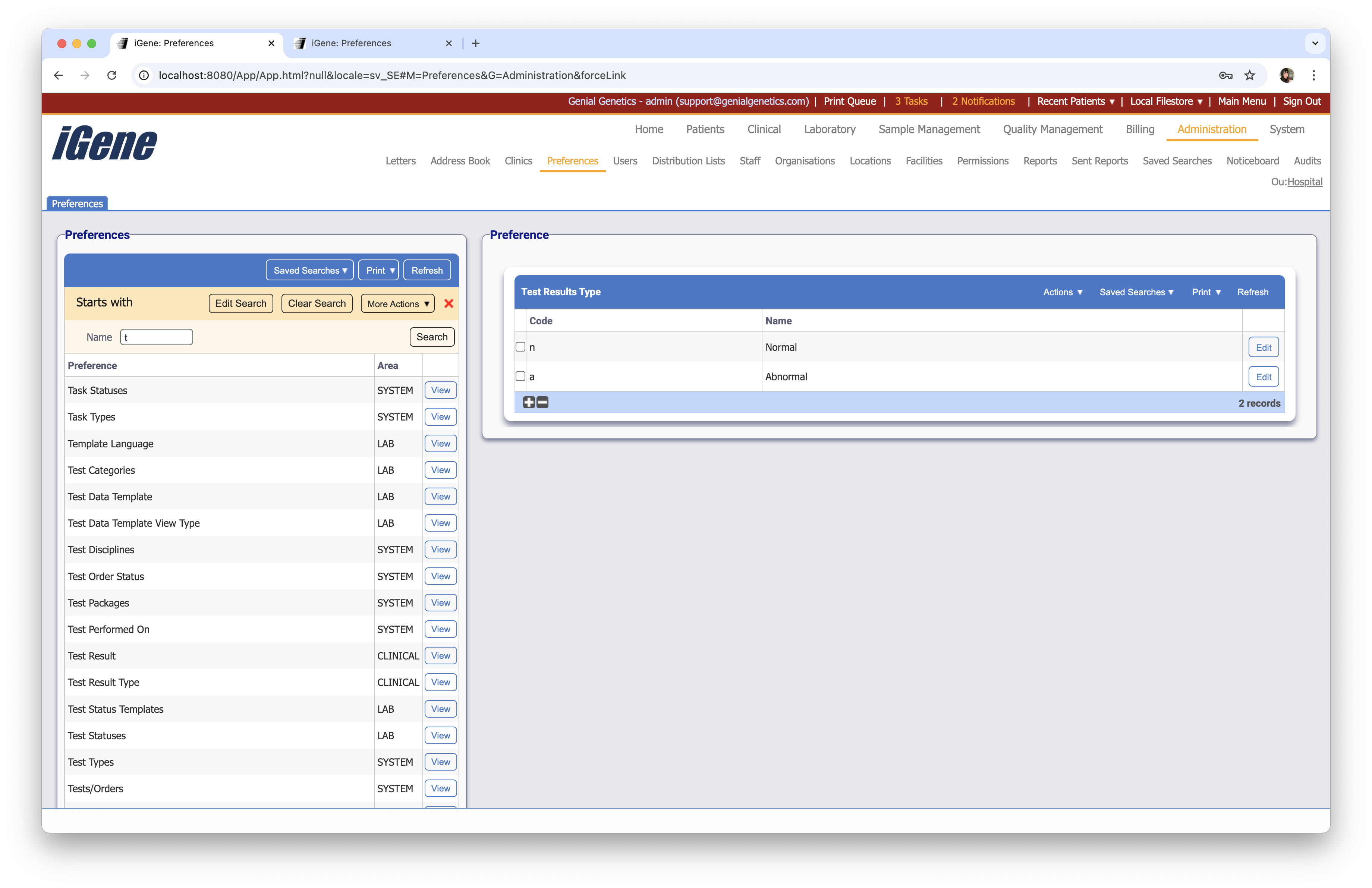 Test Result Types list
