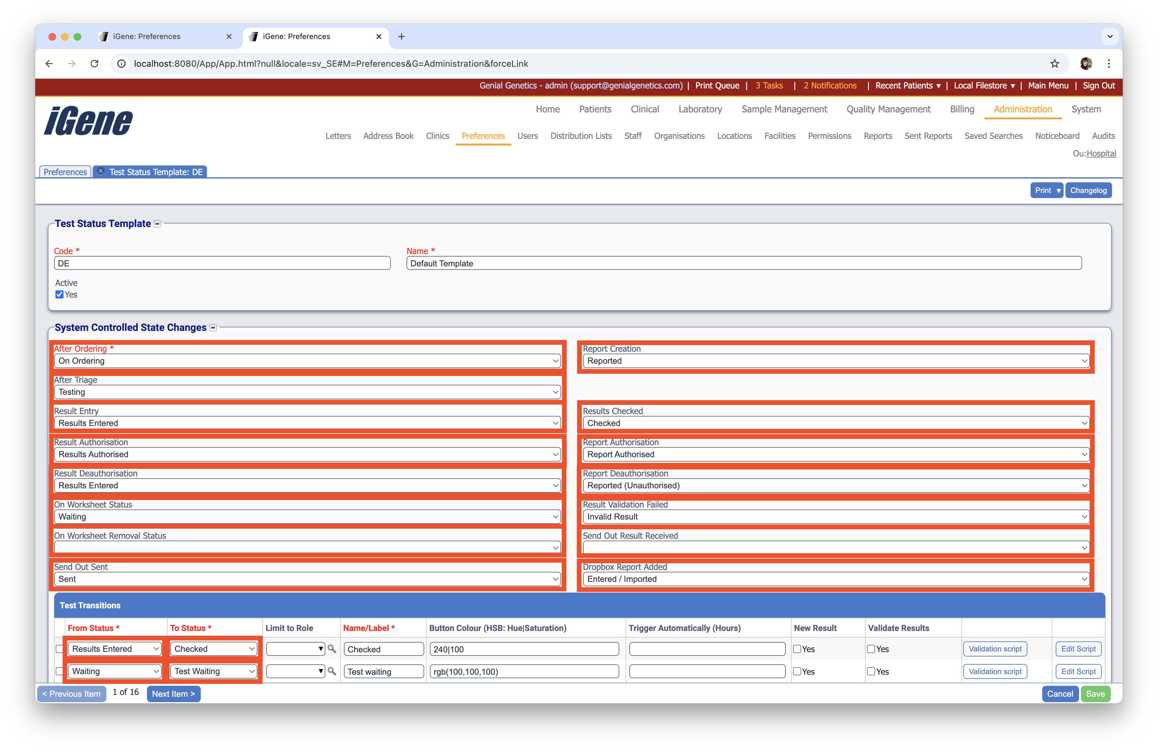 An example of test statuses