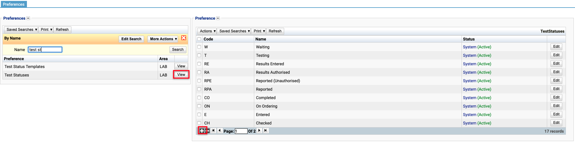 searching for test statuses in preference list