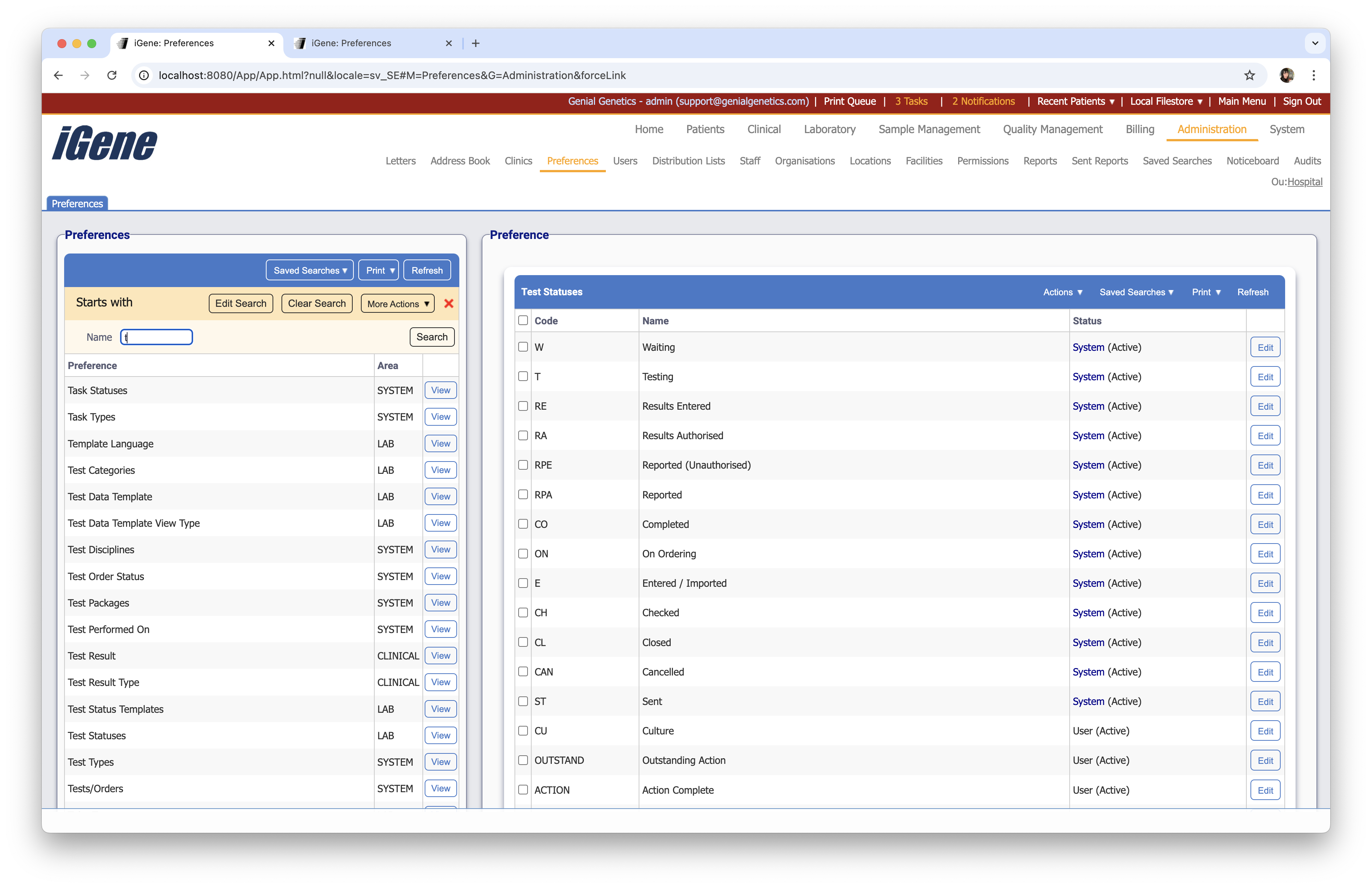 searching for test statuses in preference list
