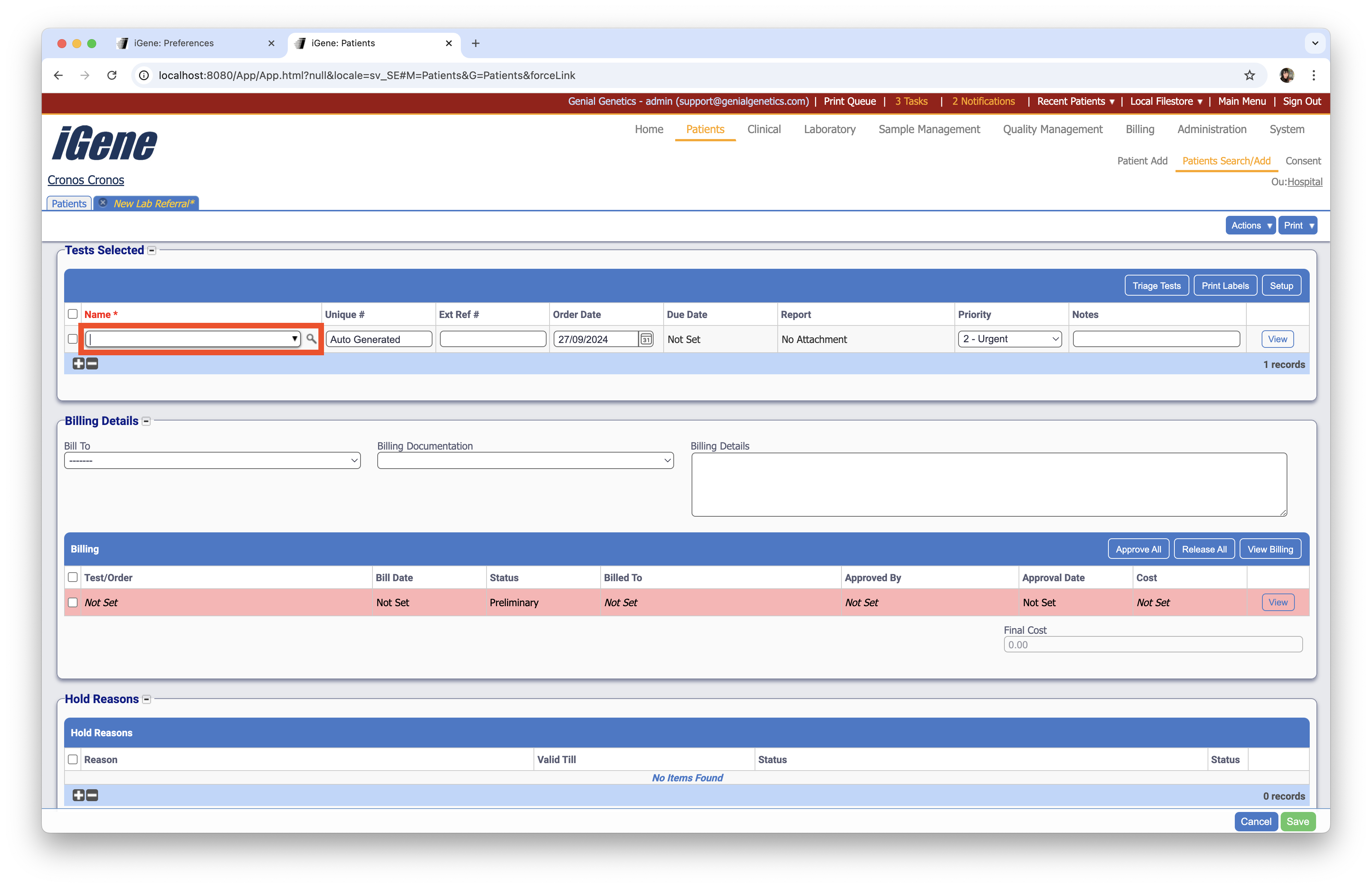 An example of a test dropdown