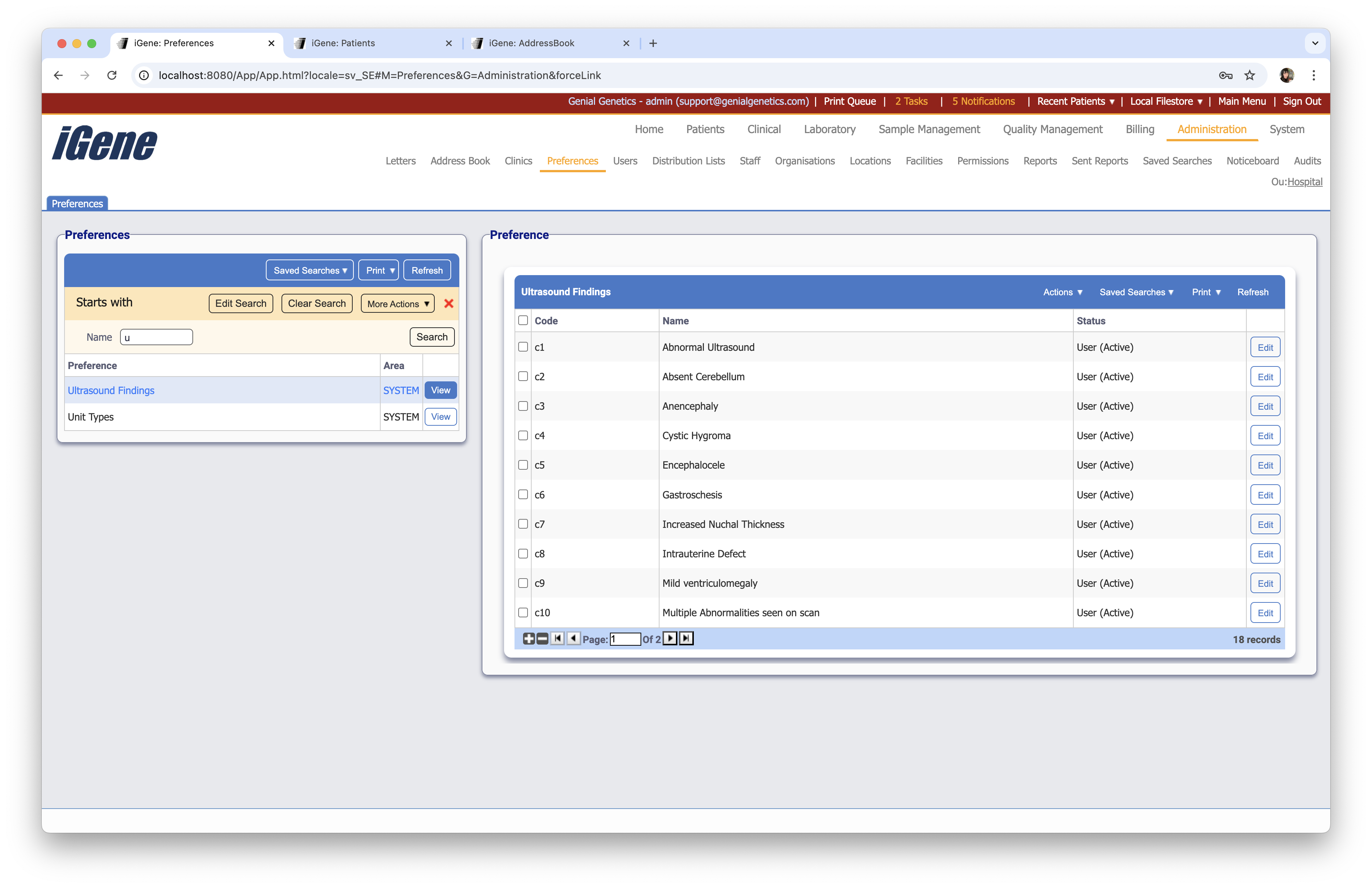 Ultrasound Findings list