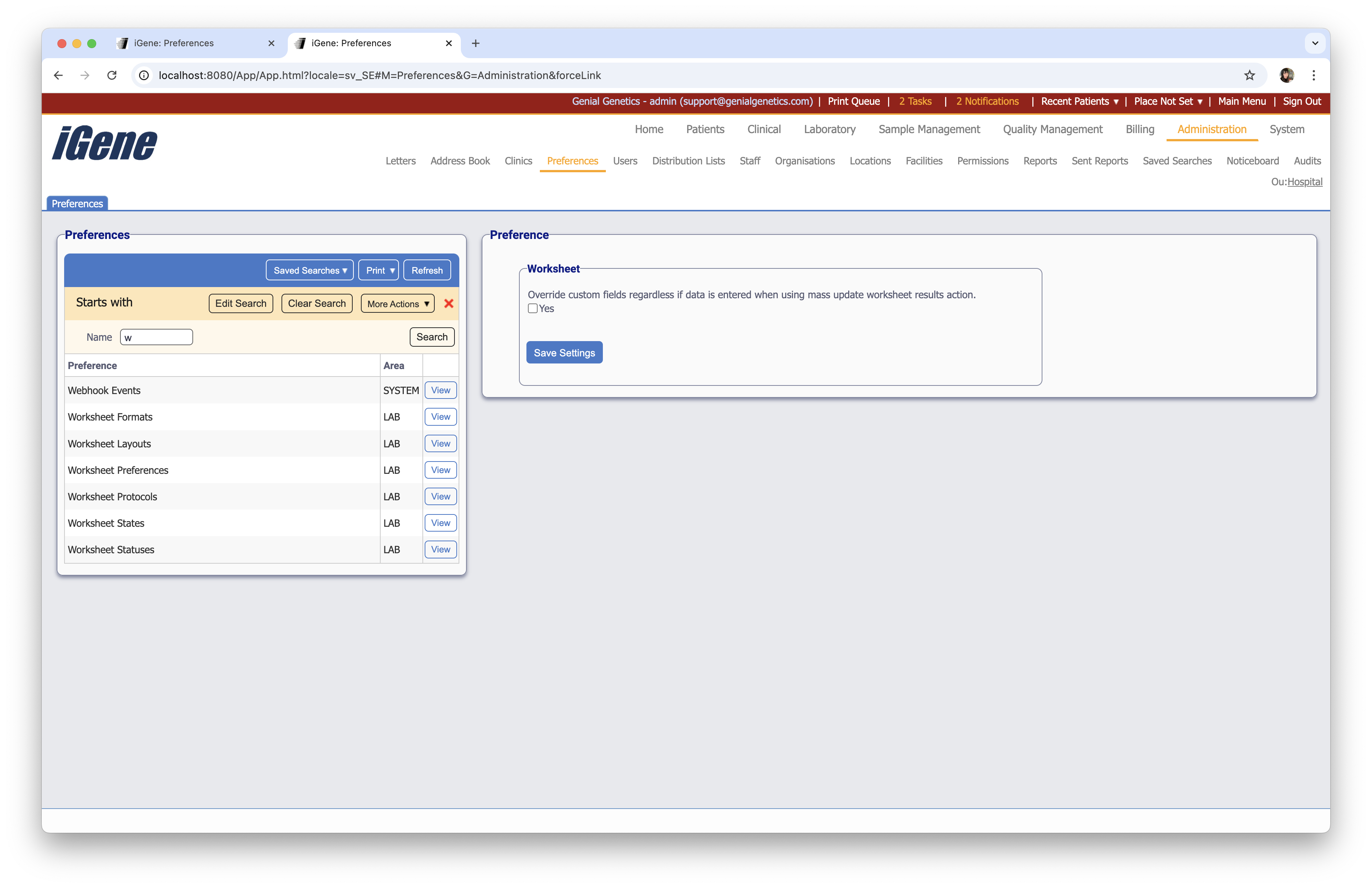 Worksheet Preferences list