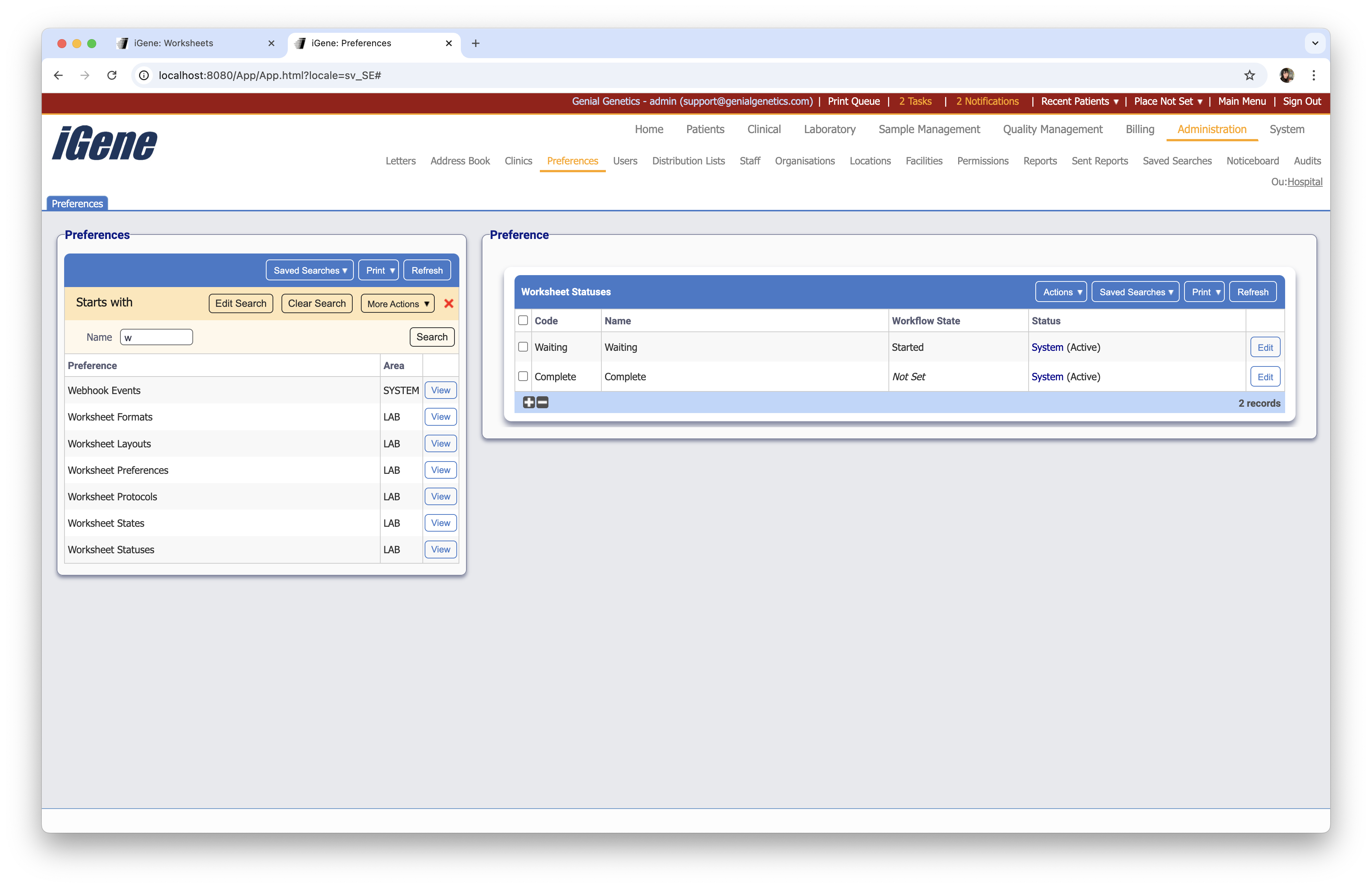 Worksheet Statuses list