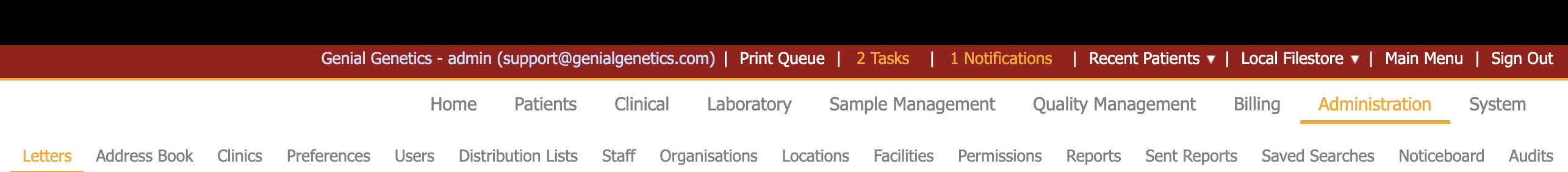 Showing the administration tabs in iGene.