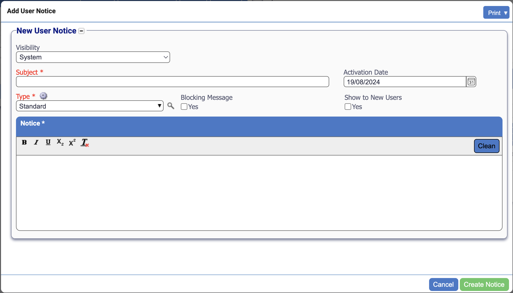 Creating a new notice