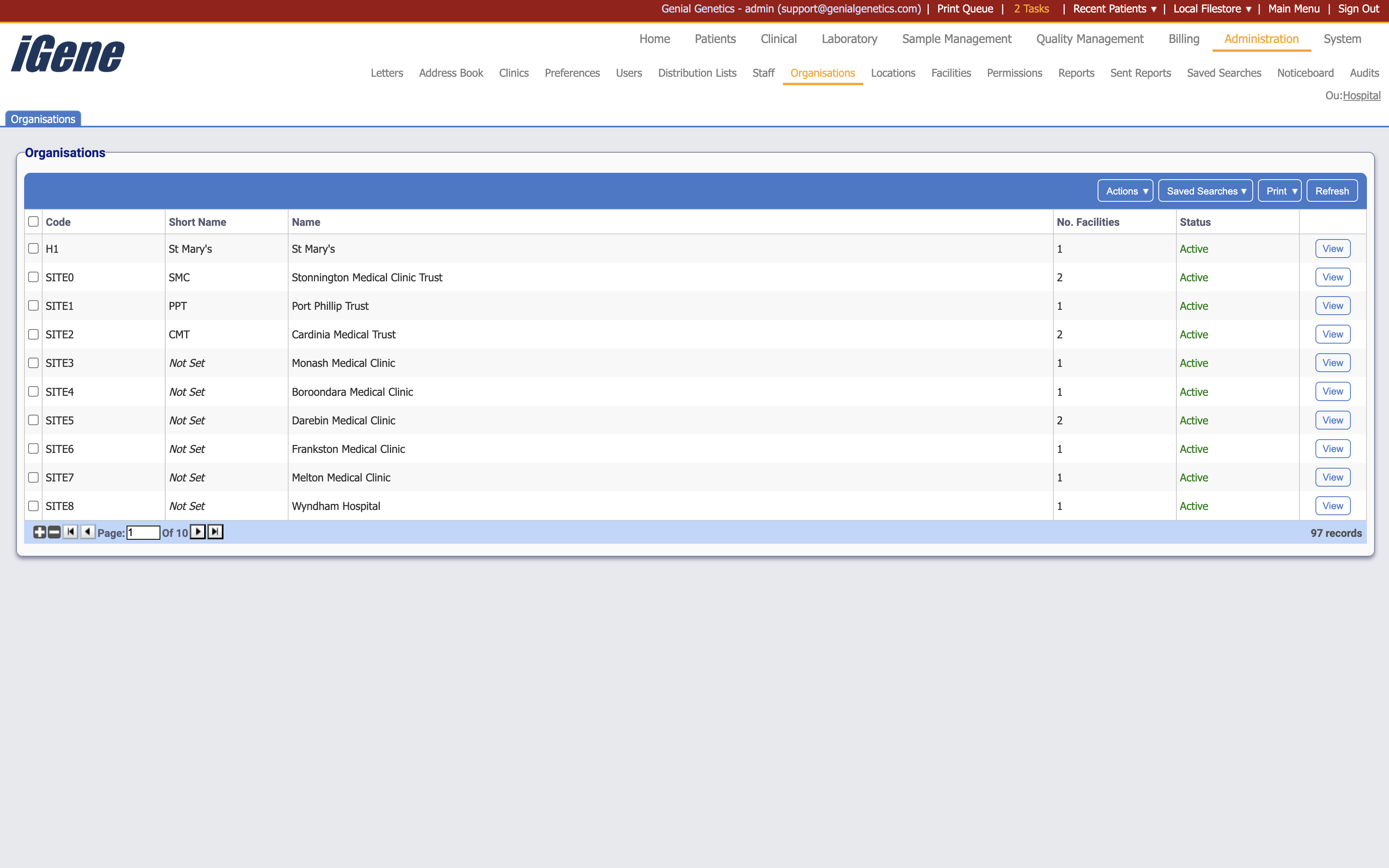 The organisations list