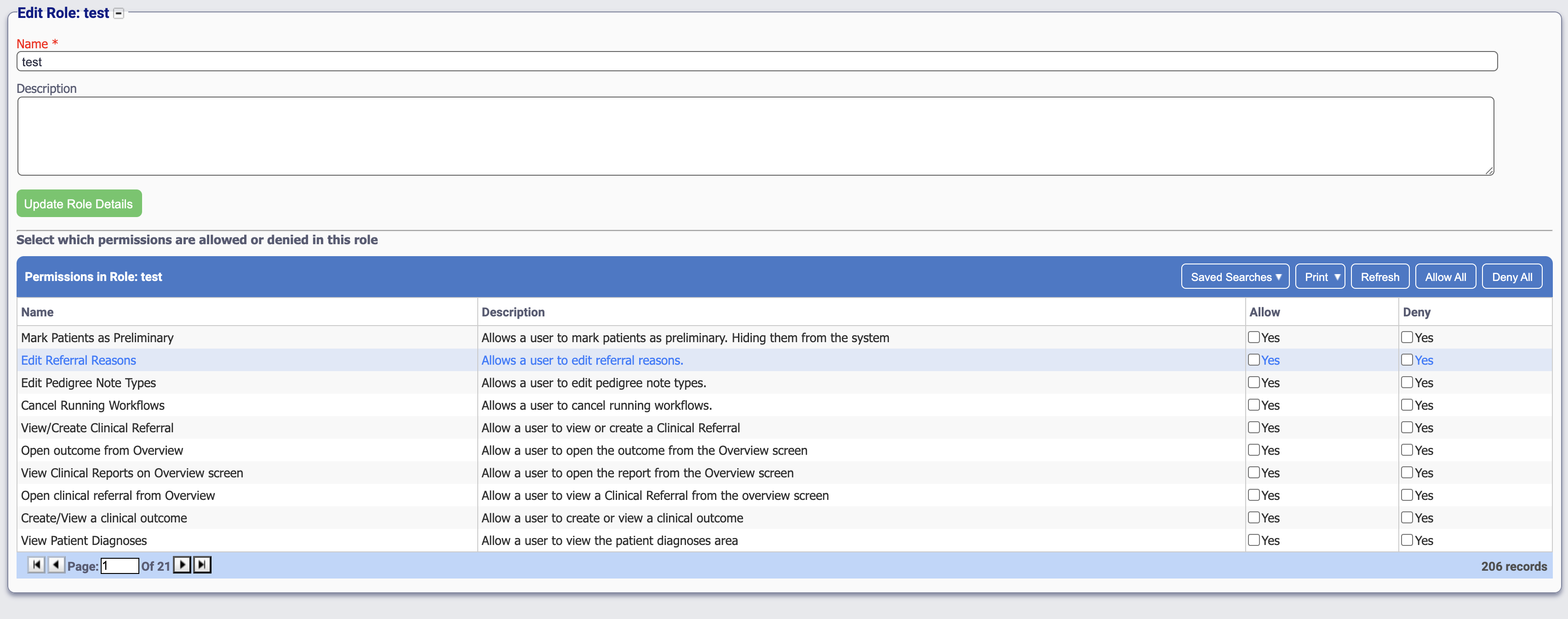 The edit role screen