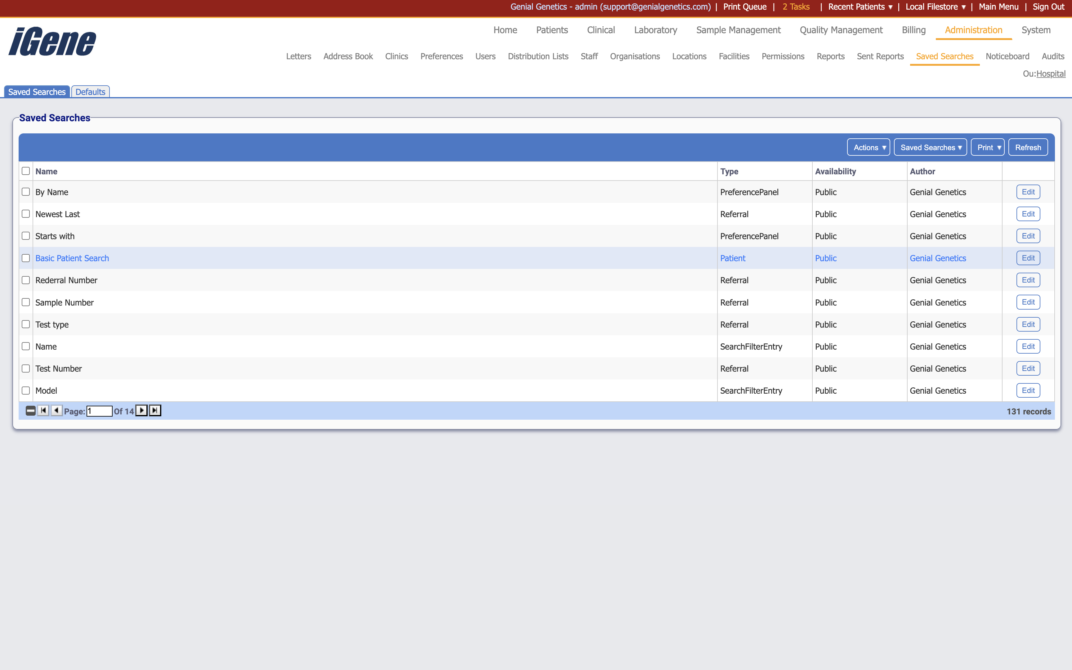 The saved searches list