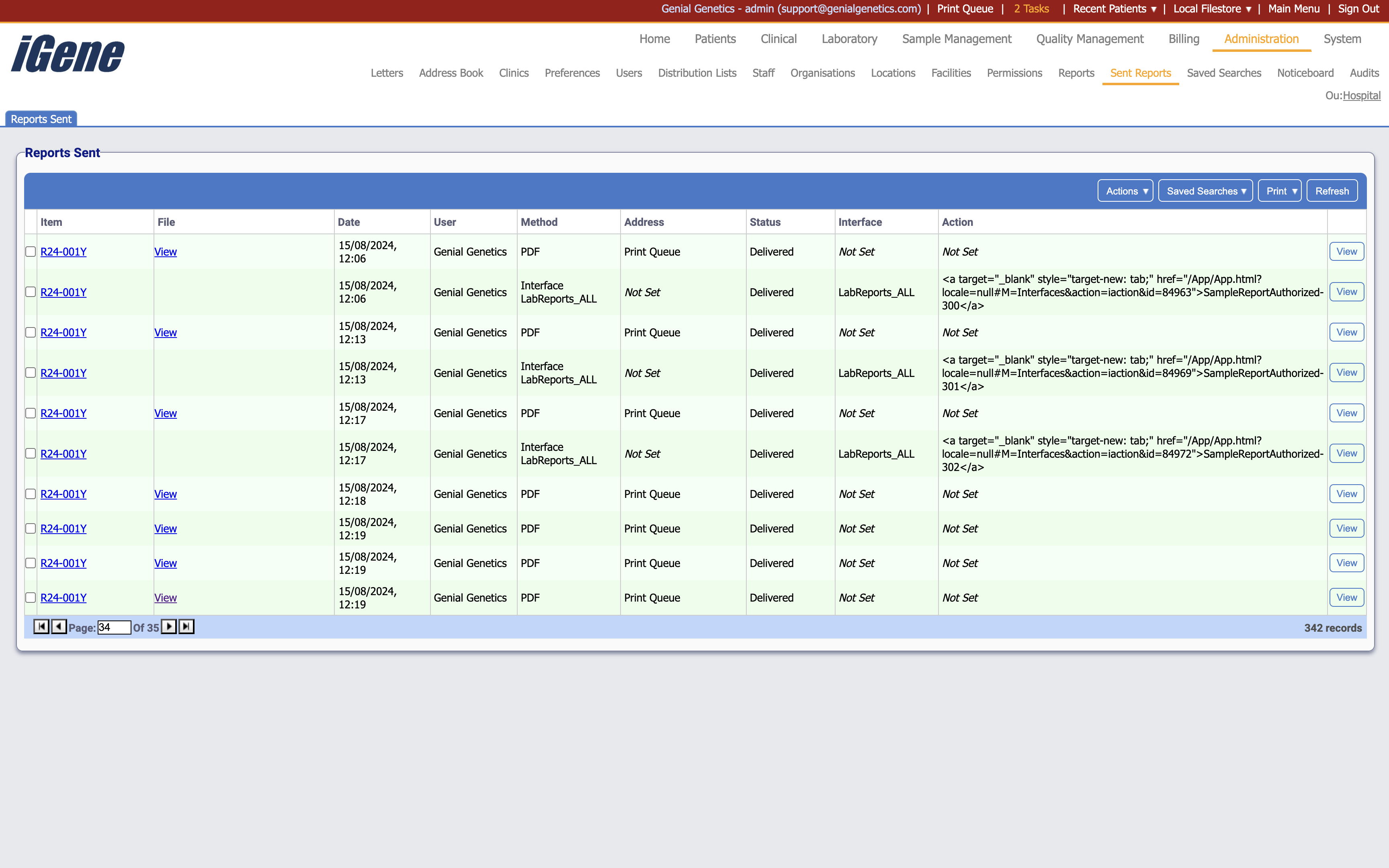 The sent reports list
