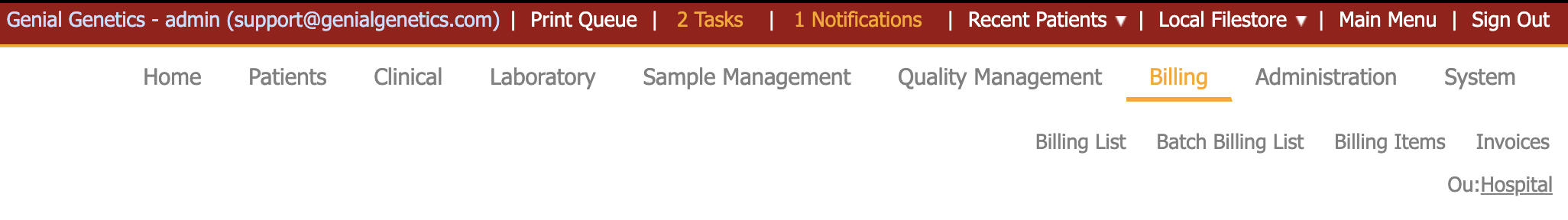 Showing the billing tabs in iGene.